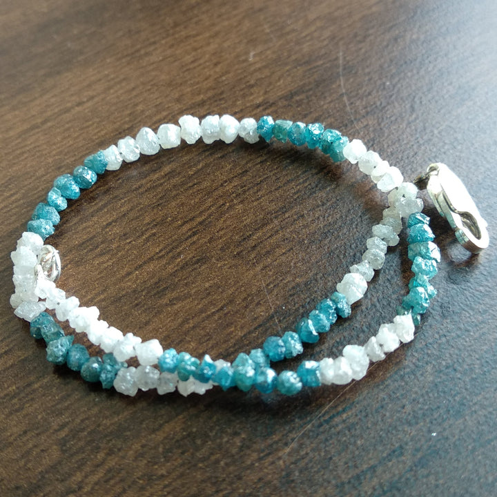 8.00 Ct Natural White Blue Color Rough Loose Diamond Beads 6.50" Bracelet wt Silver Clasp