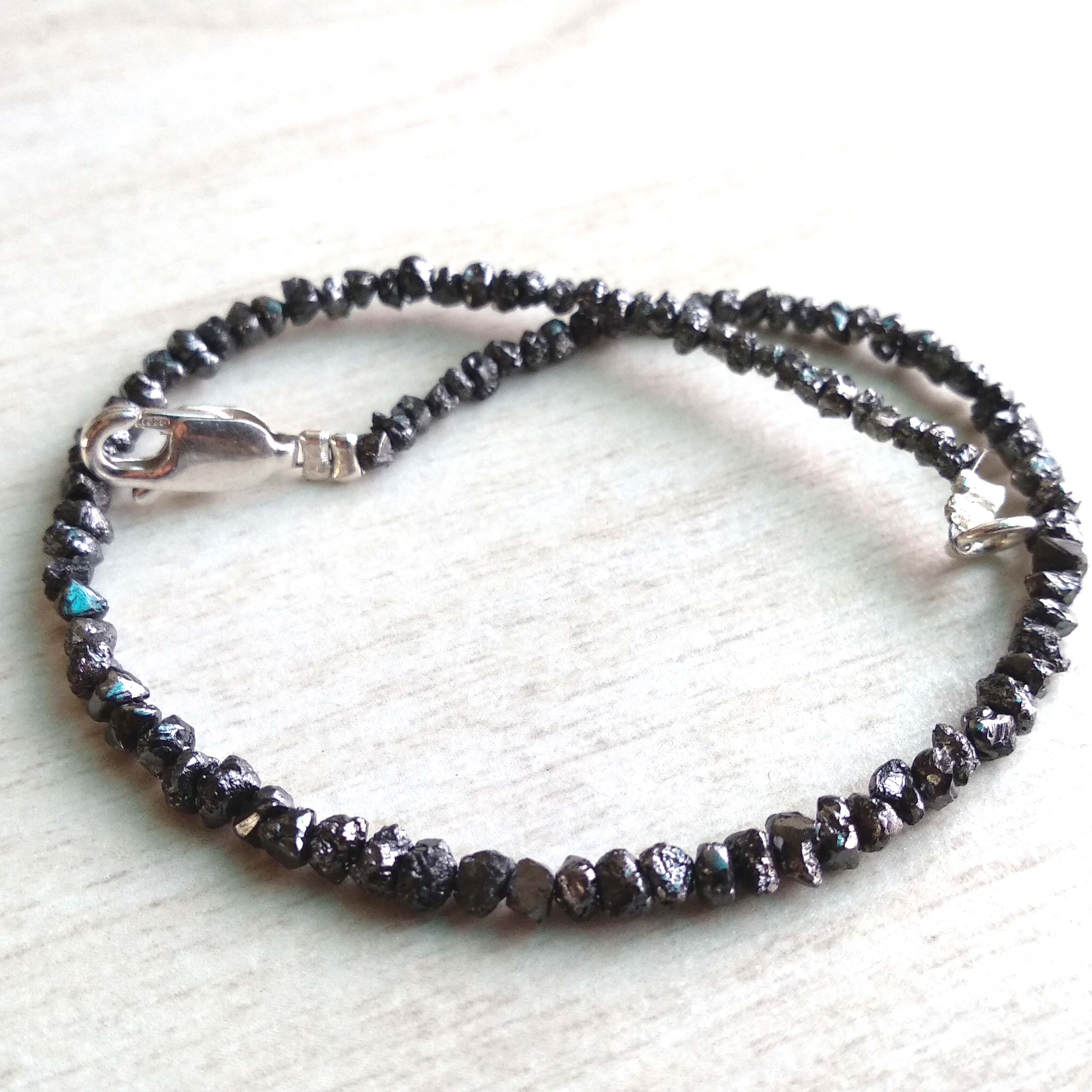 8.00 Ct Natural Black Raw Rough Loose Diamond Beads 6.50" Bracelet wt Silver Clasp