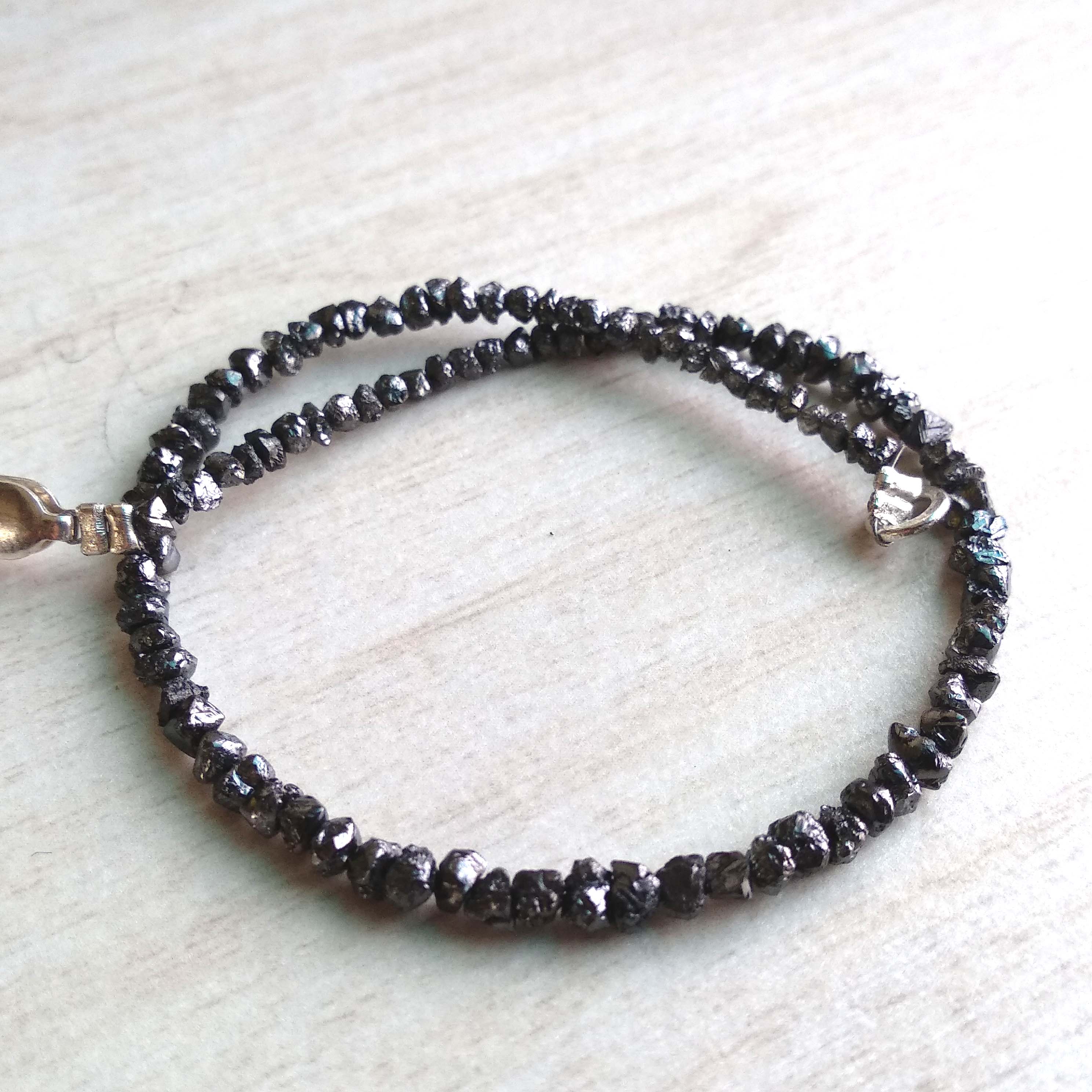 8.00 Ct Natural Black Raw Rough Loose Diamond Beads 6.50" Bracelet wt Silver Clasp