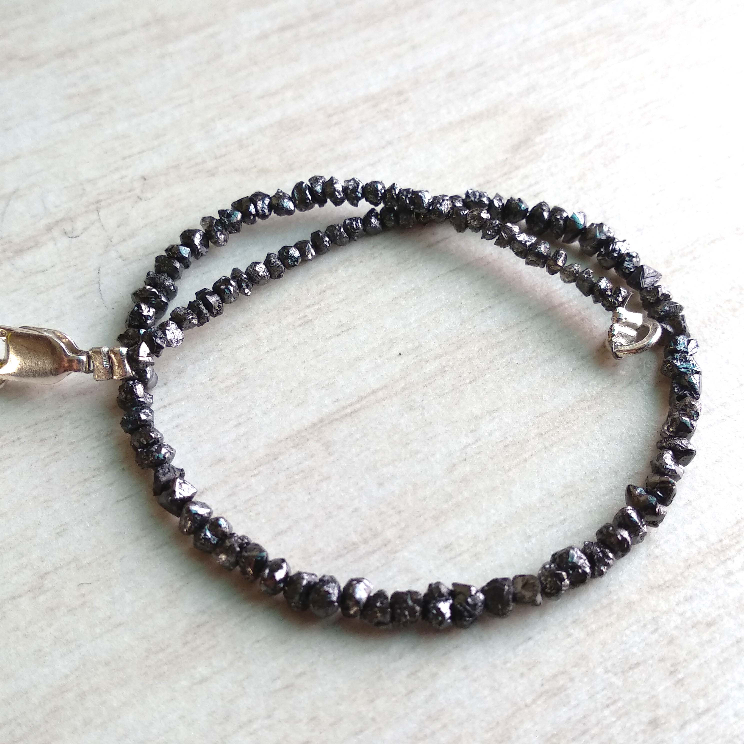 8.00 Ct Natural Black Raw Rough Loose Diamond Beads 6.50" Bracelet wt Silver Clasp