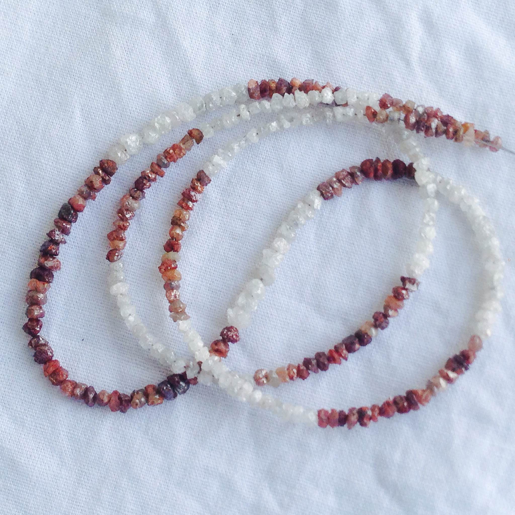20 ct natural white red rough uncut loose diamond beads 16" strand chain wt silver clasp