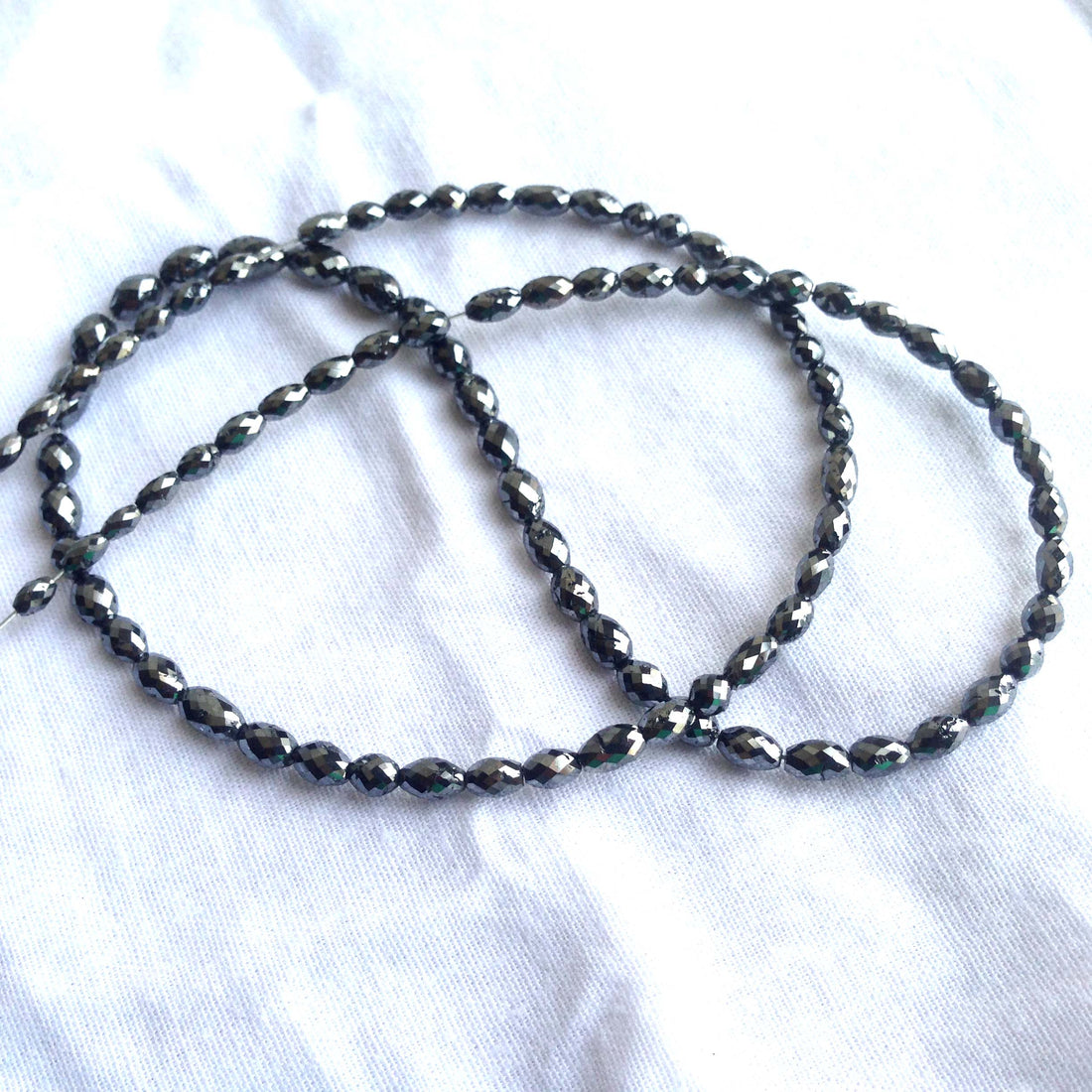 25+ Ct 2.0 to 3.5 MM Natural Black Polished Diamond Drum Cut Beads 16" Strand Necklace wt Gold Clasp