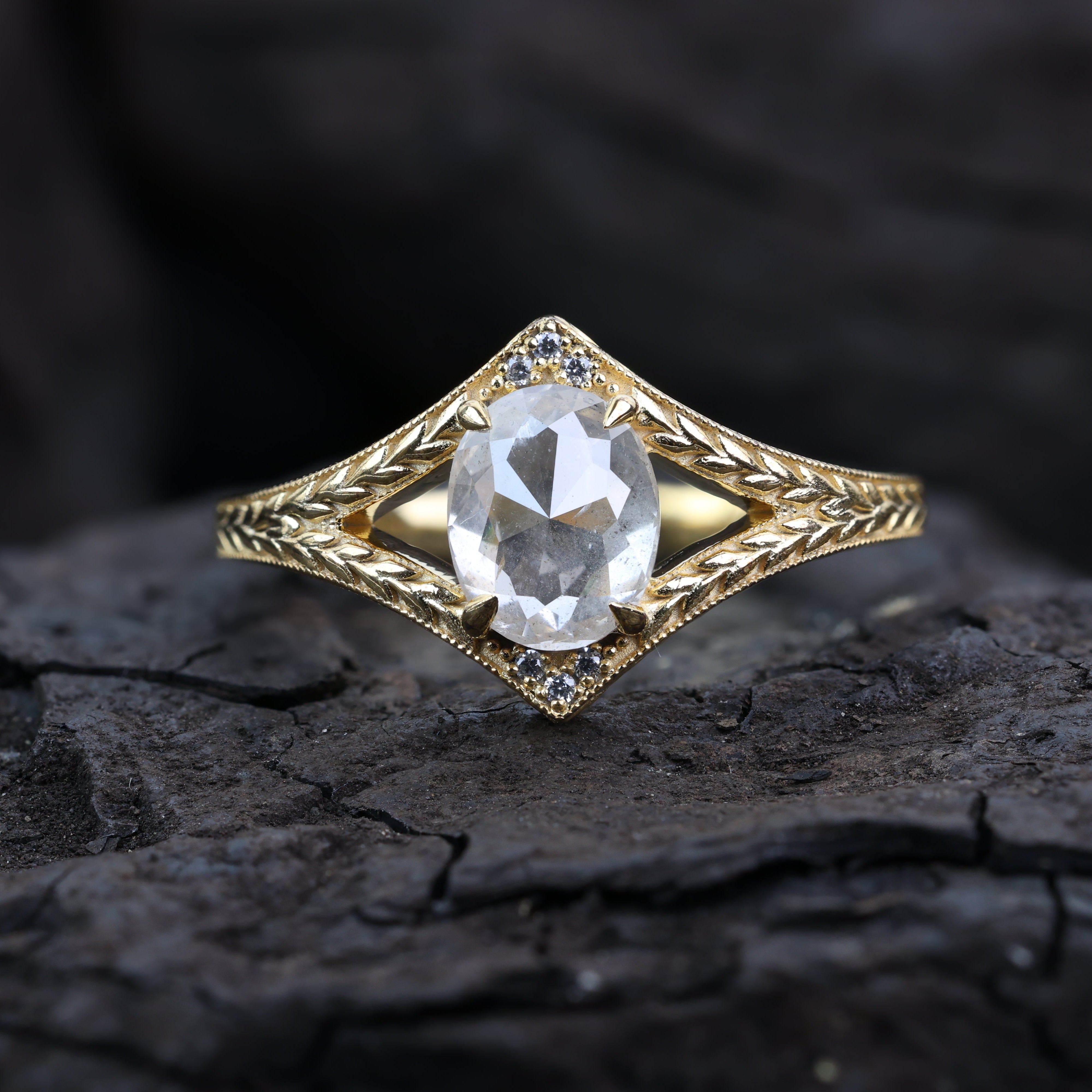 1.53 Ct Salt and Pepper Diamond Ring, Natural Gray Oval Diamond 14k Gold Engagement Ring