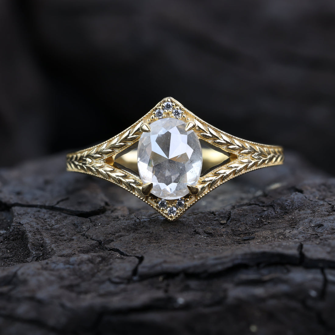 1.53 Ct Salt and Pepper Diamond Ring, Natural Gray Oval Diamond 14k Gold Engagement Ring