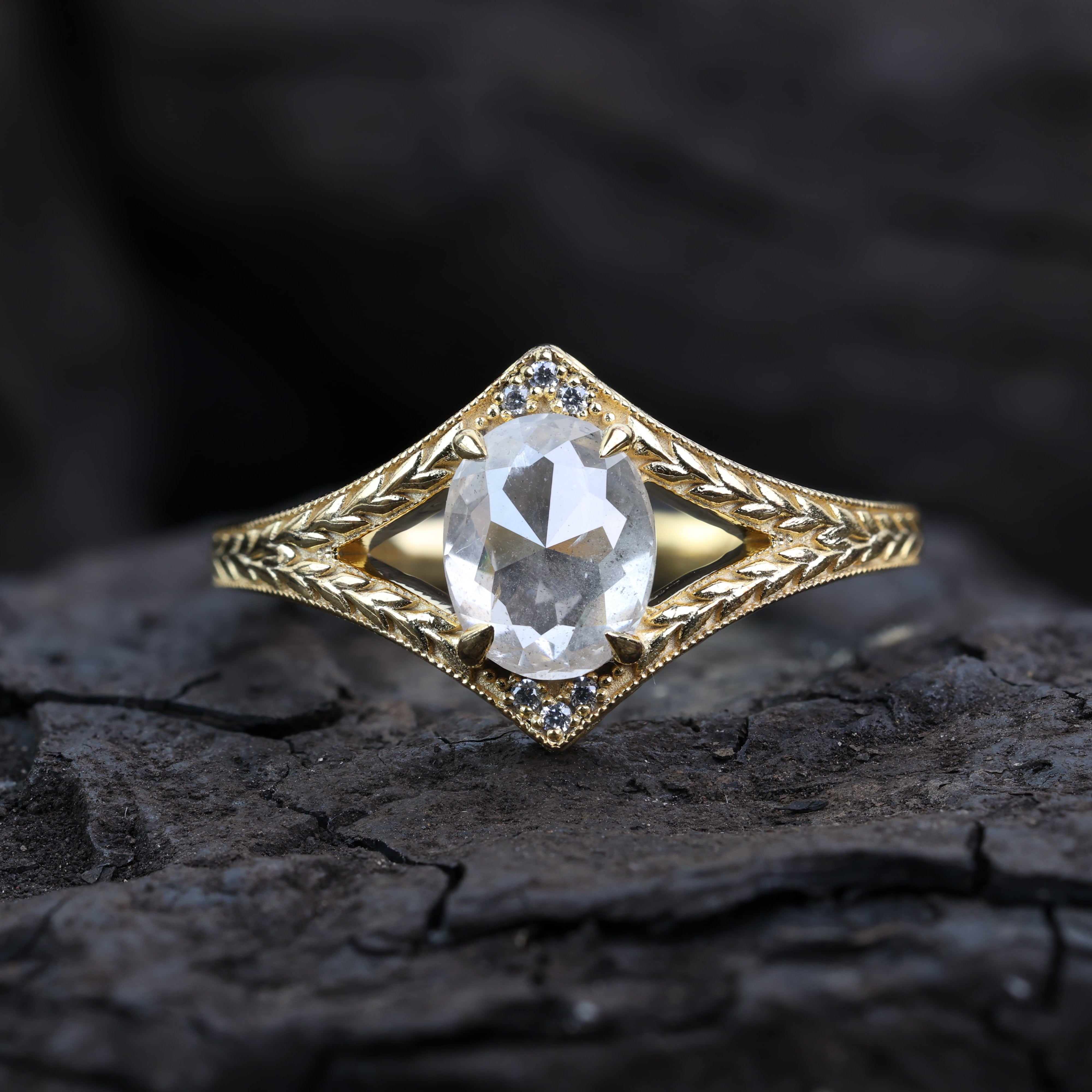 1.53 Ct Salt and Pepper Diamond Ring, Natural Gray Oval Diamond 14k Gold Engagement Ring