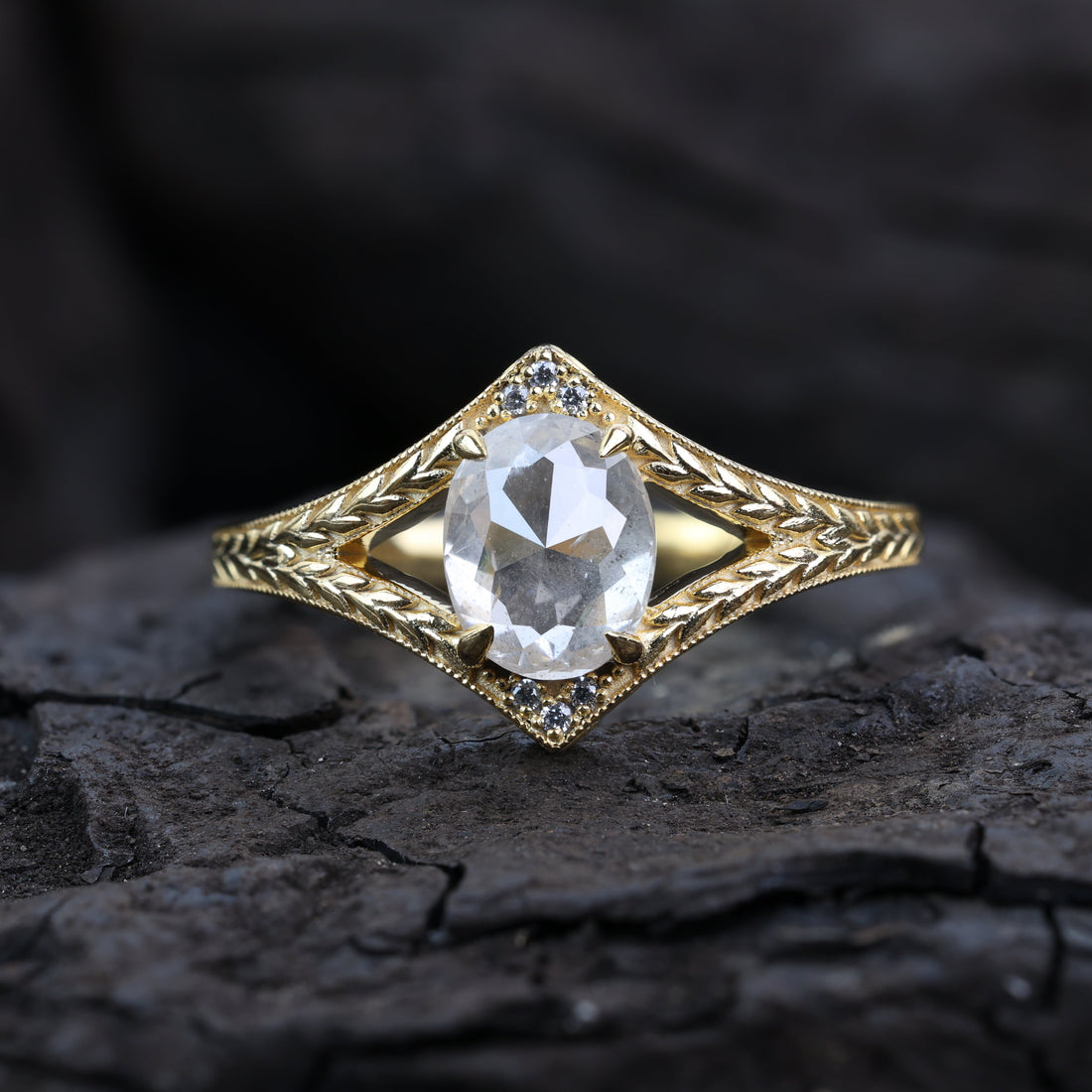 1.53 Ct Salt and Pepper Diamond Ring, Natural Gray Oval Diamond 14k Gold Engagement Ring