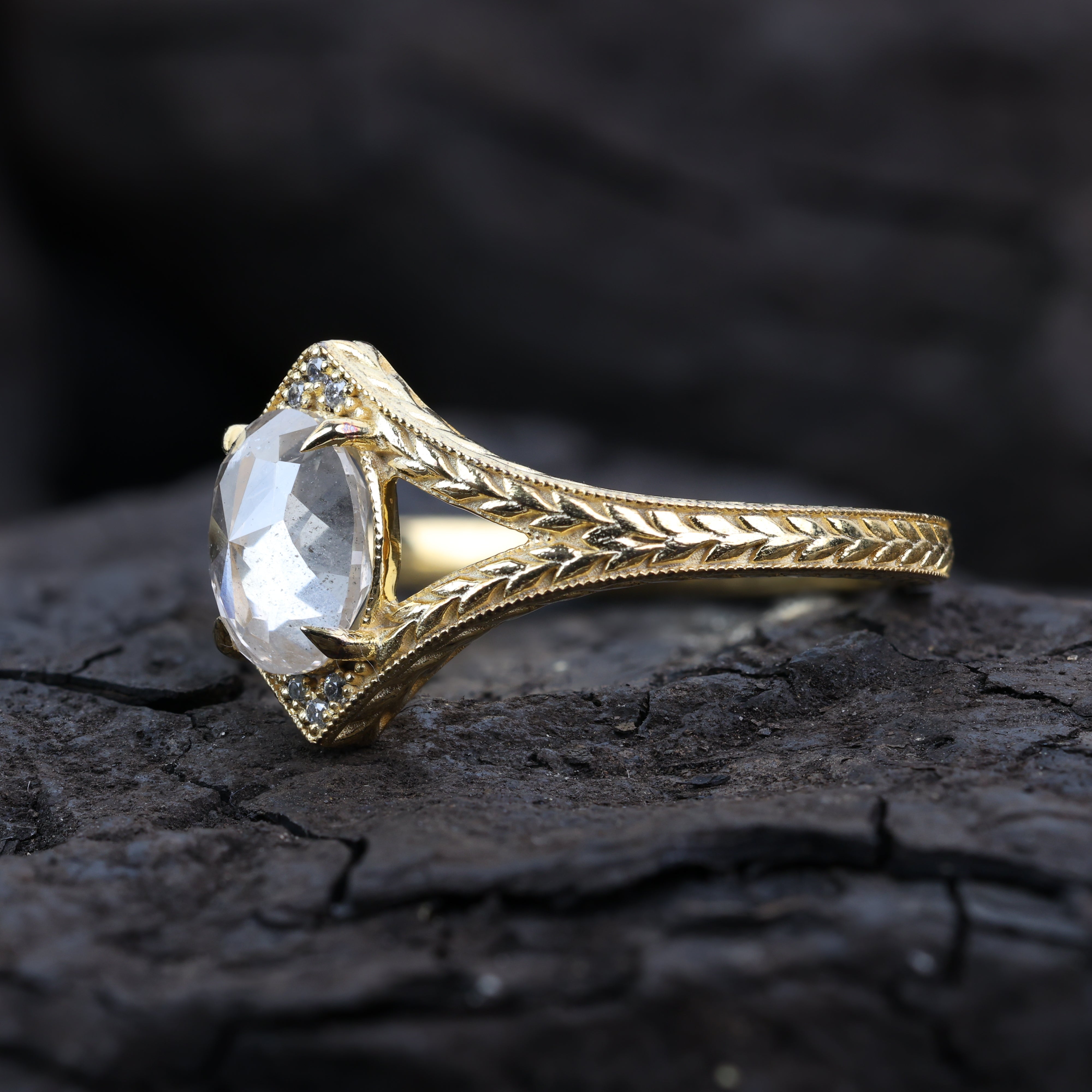 1.53 Ct Salt and Pepper Diamond Ring, Natural Gray Oval Diamond 14k Gold Engagement Ring