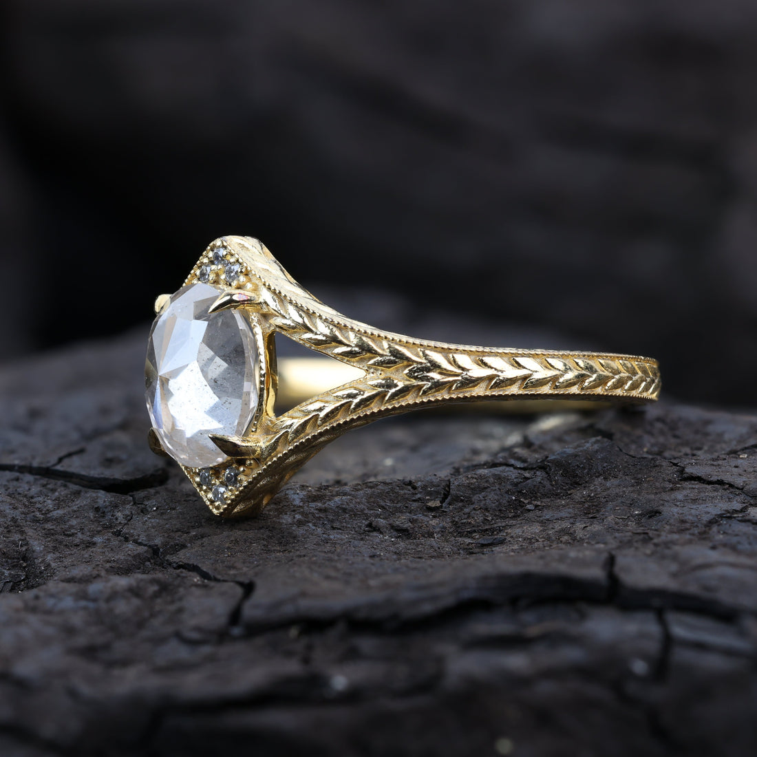 1.53 Ct Salt and Pepper Diamond Ring, Natural Gray Oval Diamond 14k Gold Engagement Ring