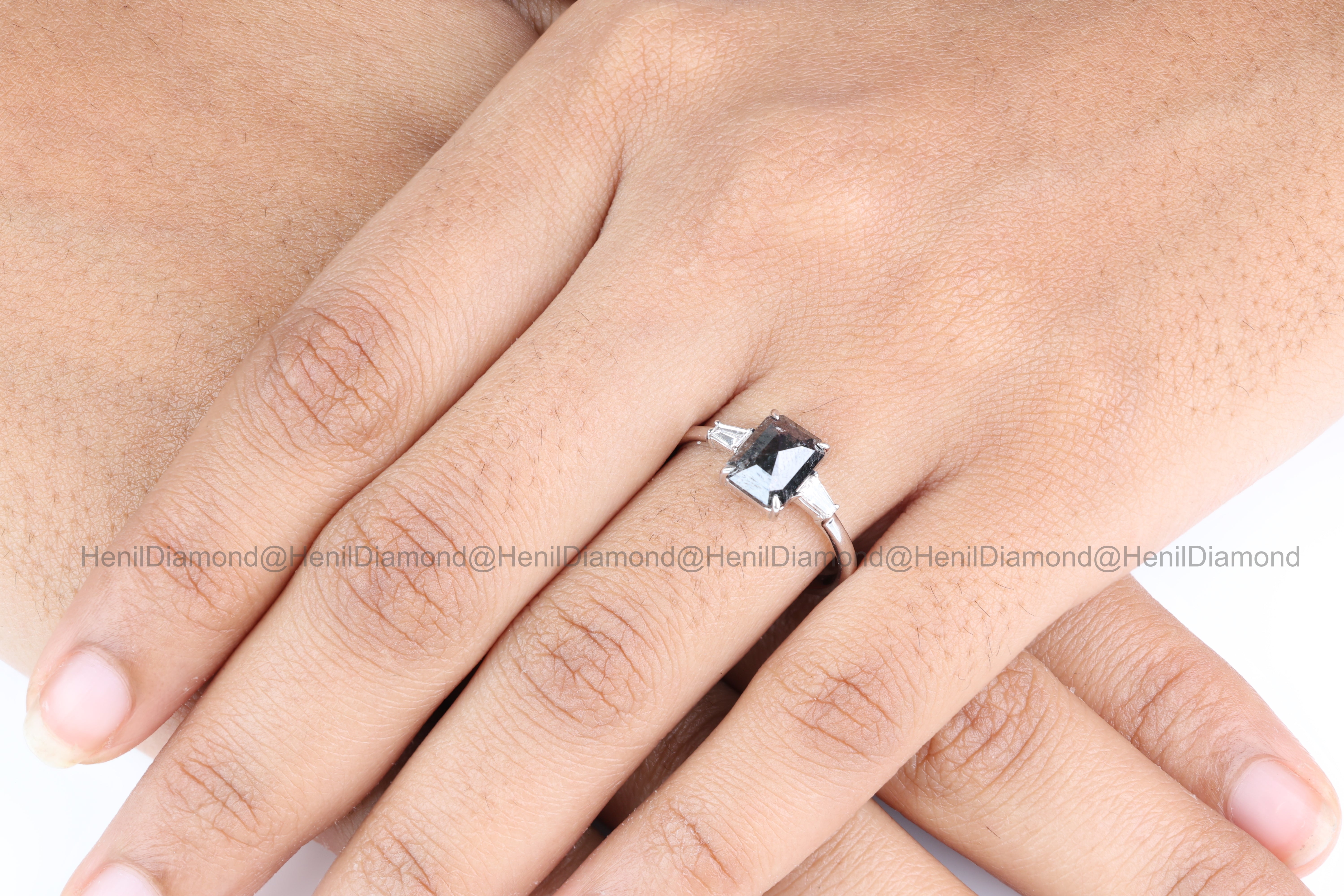 Salt and Pepper Diamond Ring, 14K Gold Engagement Ring, Emerald Baguette Diamond Ring, Christmas Gift for Her