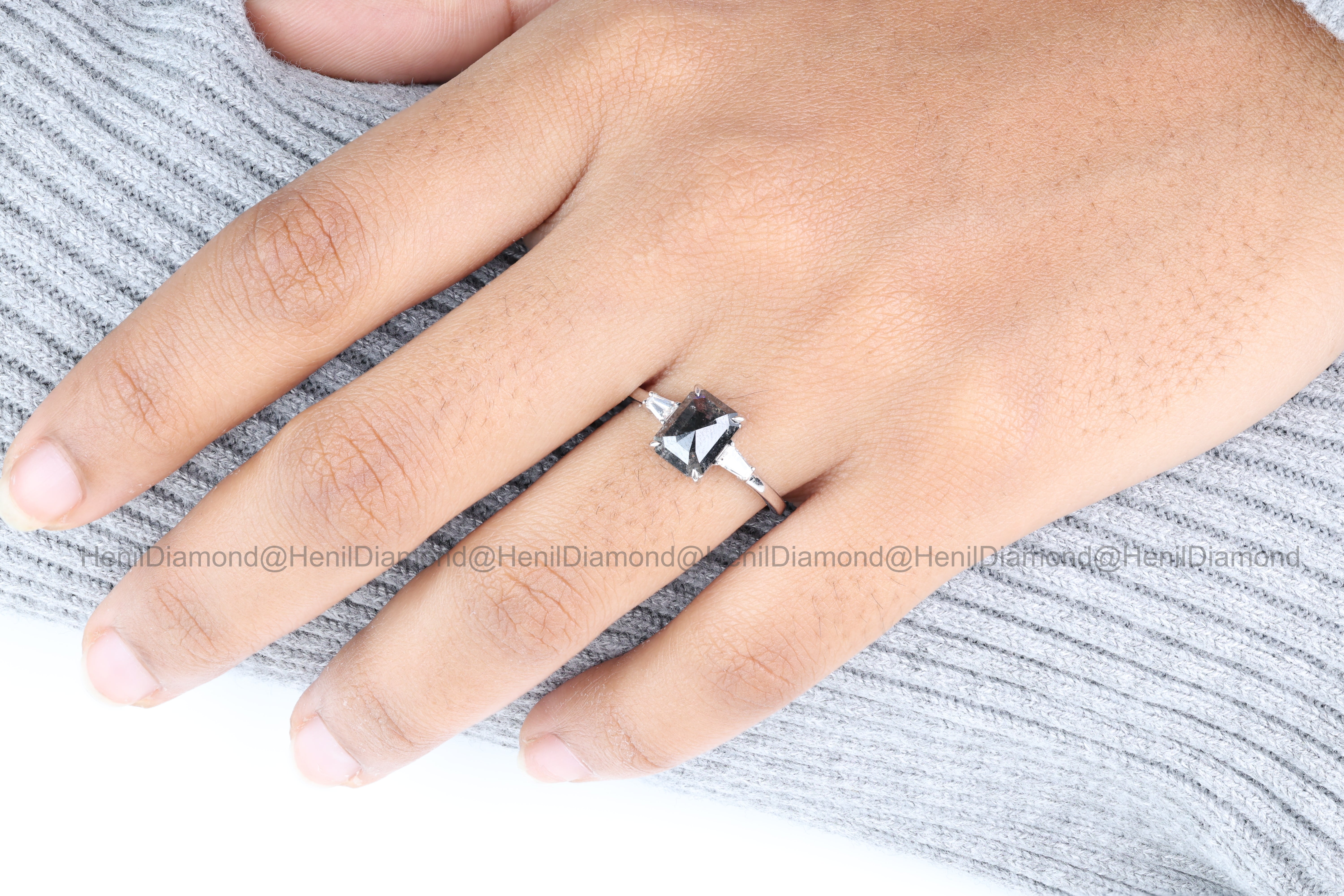 Salt and Pepper Diamond Ring, 14K Gold Engagement Ring, Emerald Baguette Diamond Ring, Christmas Gift for Her