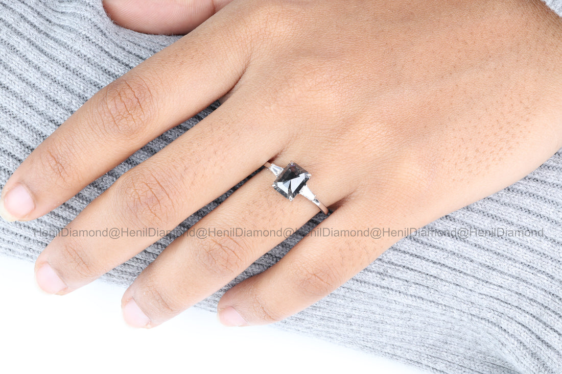 Salt and Pepper Diamond Ring, 14K Gold Engagement Ring, Emerald Baguette Diamond Ring, Christmas Gift for Her