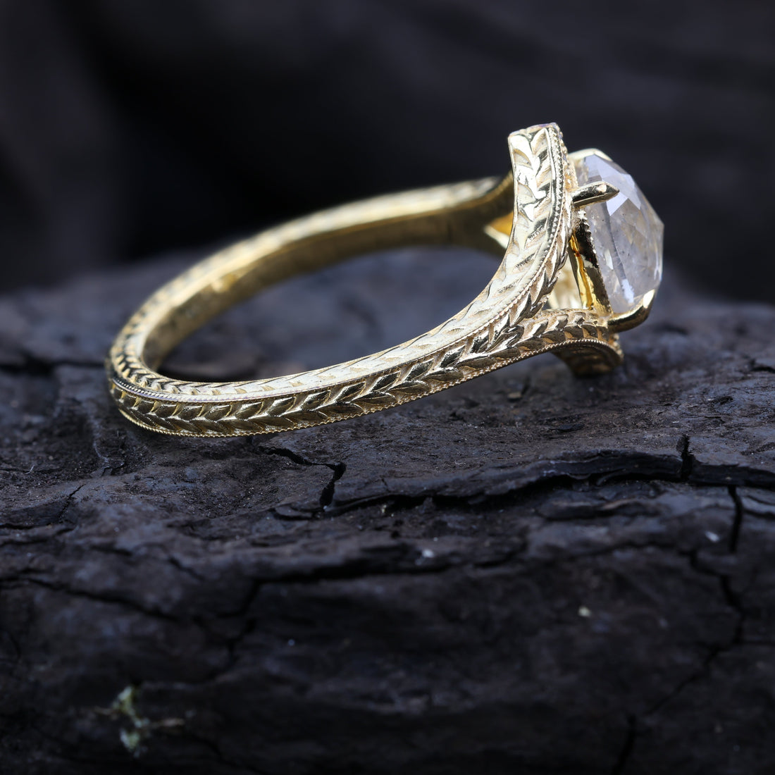 1.53 Ct Salt and Pepper Diamond Ring, Natural Gray Oval Diamond 14k Gold Engagement Ring