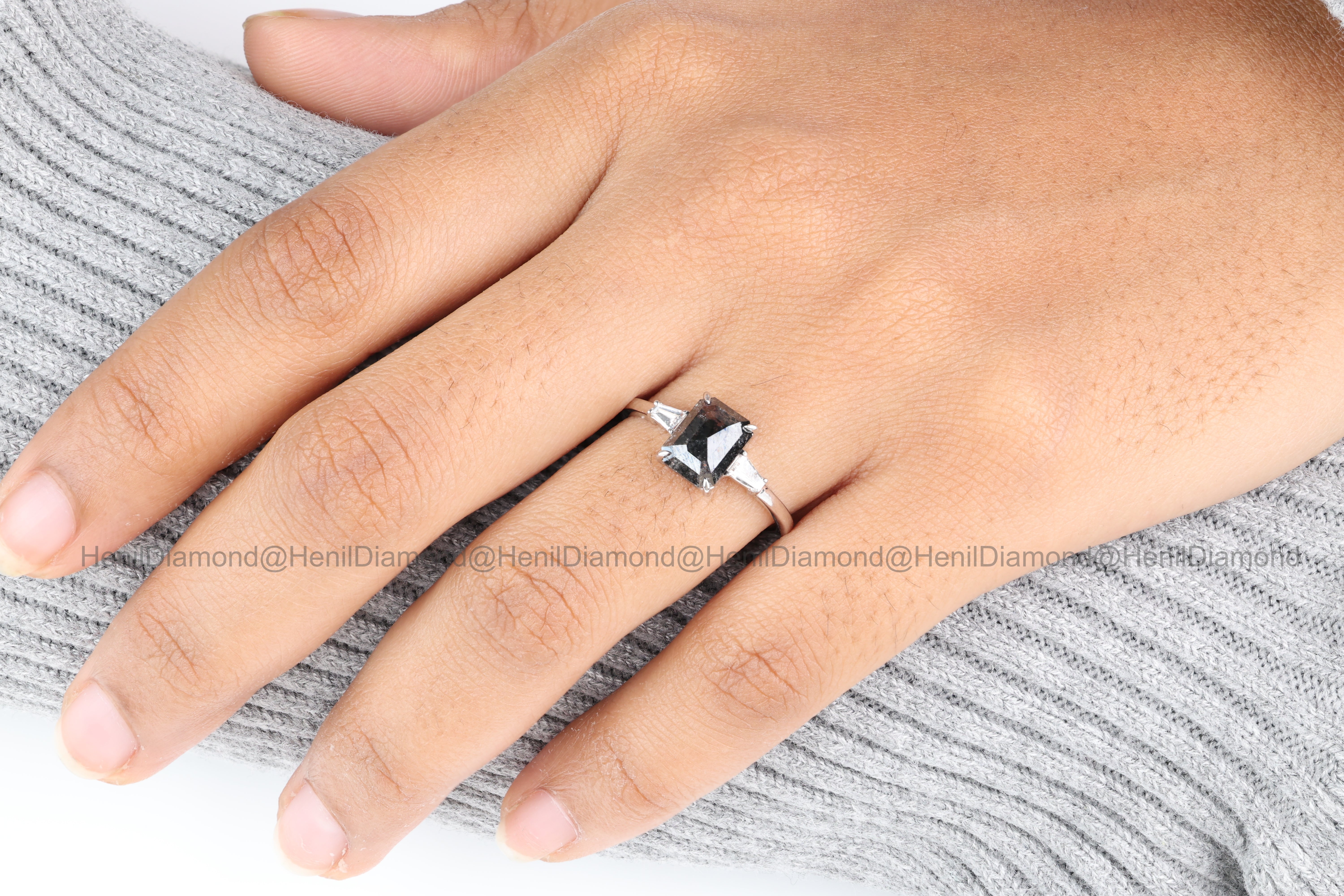 Salt and Pepper Diamond Ring, 14K Gold Engagement Ring, Emerald Baguette Diamond Ring, Christmas Gift for Her