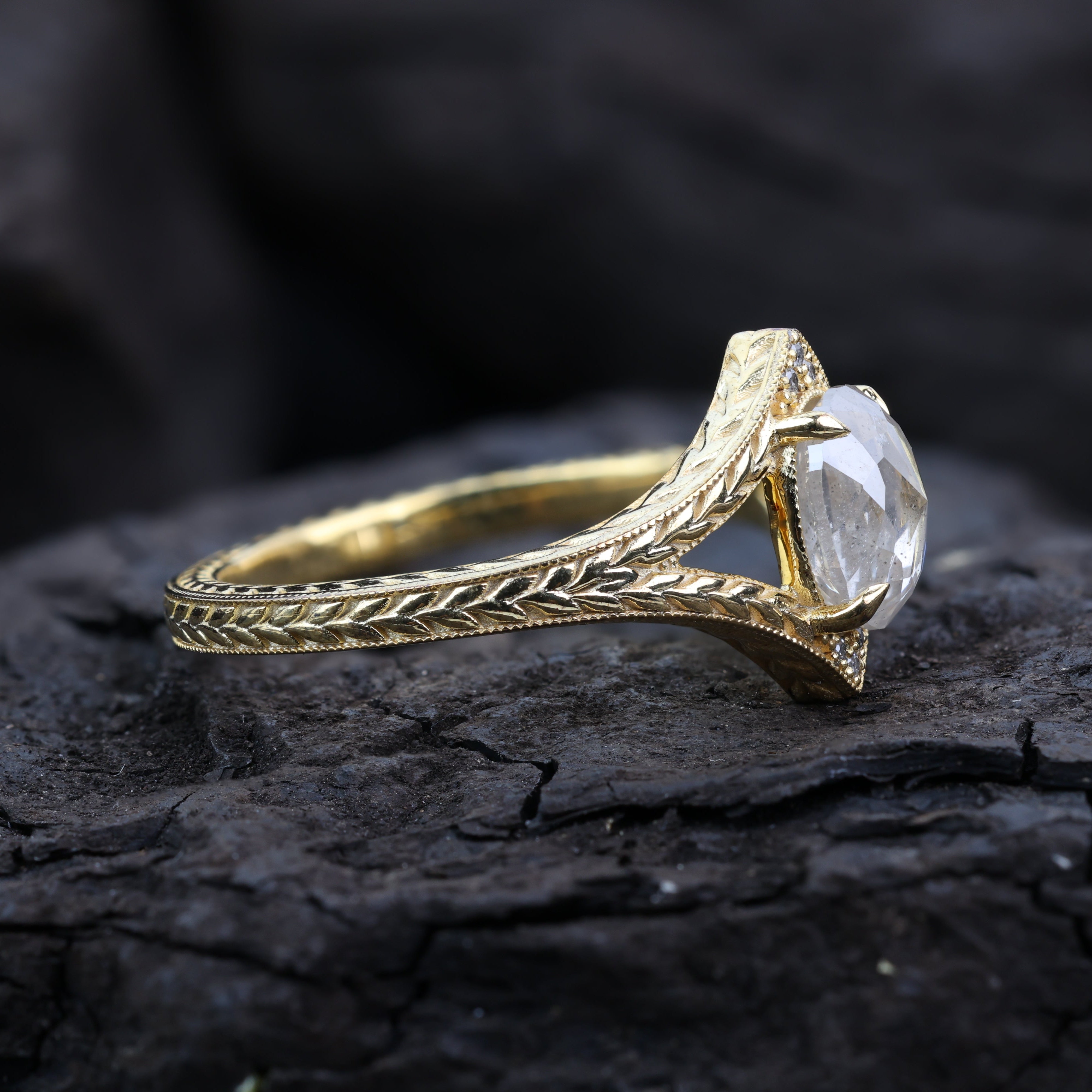 1.53 Ct Salt and Pepper Diamond Ring, Natural Gray Oval Diamond 14k Gold Engagement Ring