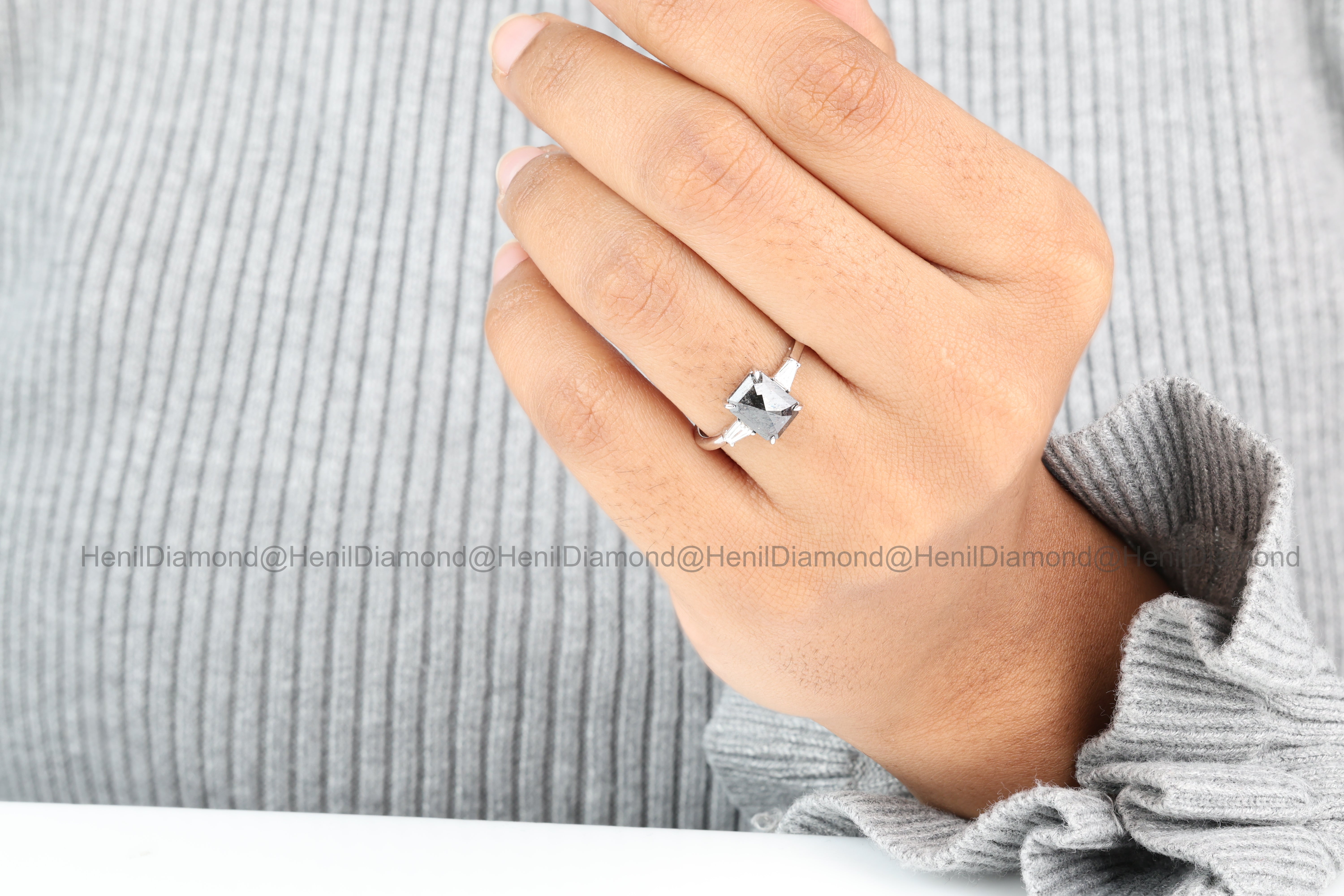 Salt and Pepper Diamond Ring, 14K Gold Engagement Ring, Emerald Baguette Diamond Ring, Christmas Gift for Her