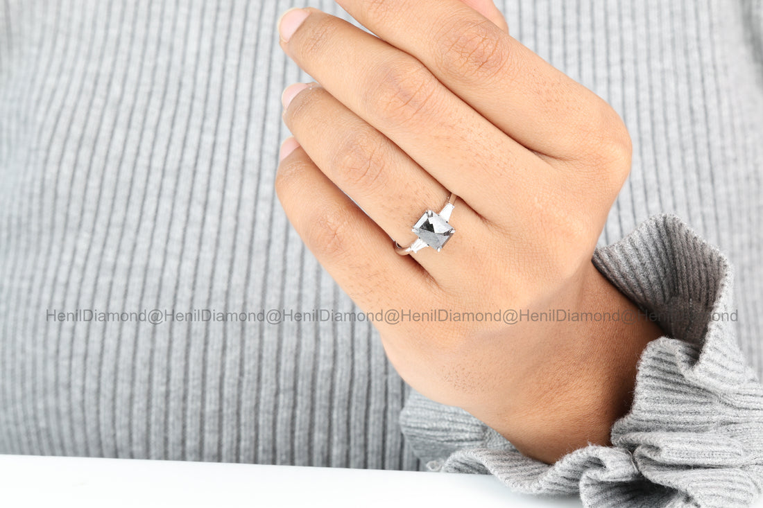 Salt and Pepper Diamond Ring, 14K Gold Engagement Ring, Emerald Baguette Diamond Ring, Christmas Gift for Her