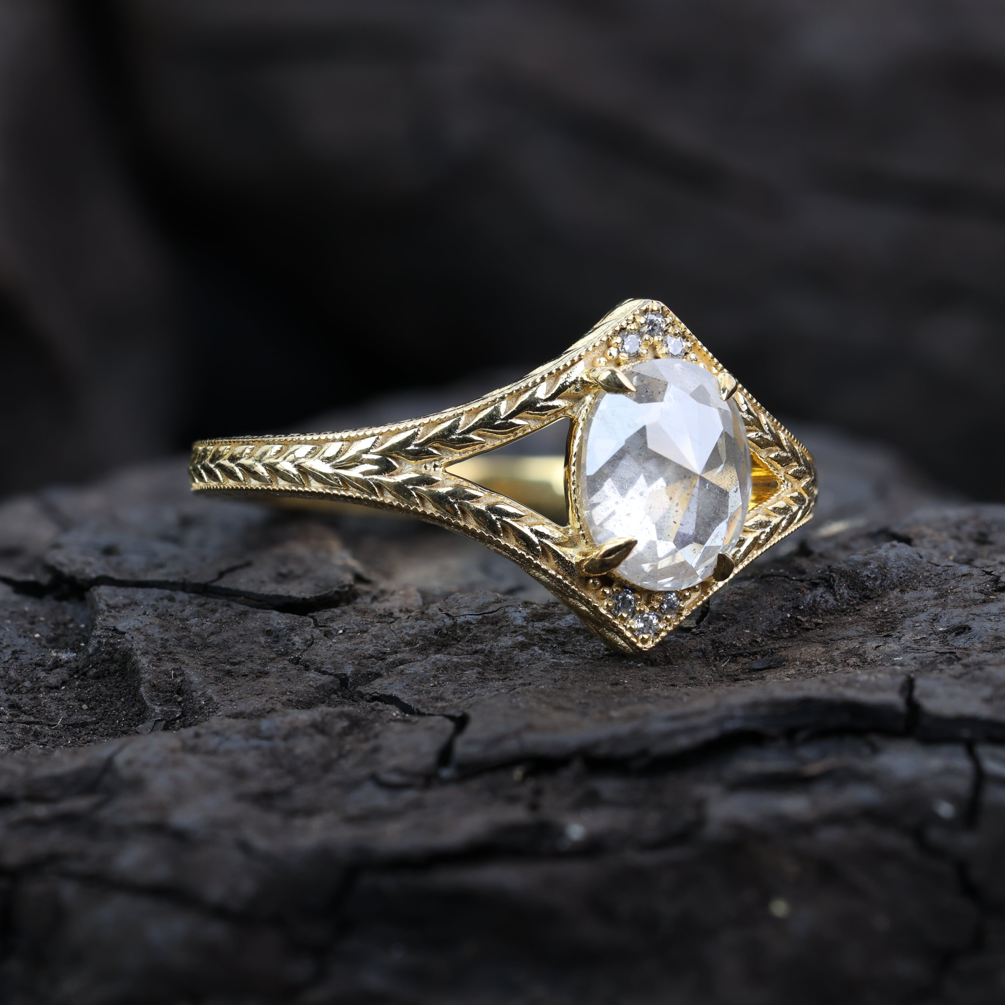 1.53 Ct Salt and Pepper Diamond Ring, Natural Gray Oval Diamond 14k Gold Engagement Ring