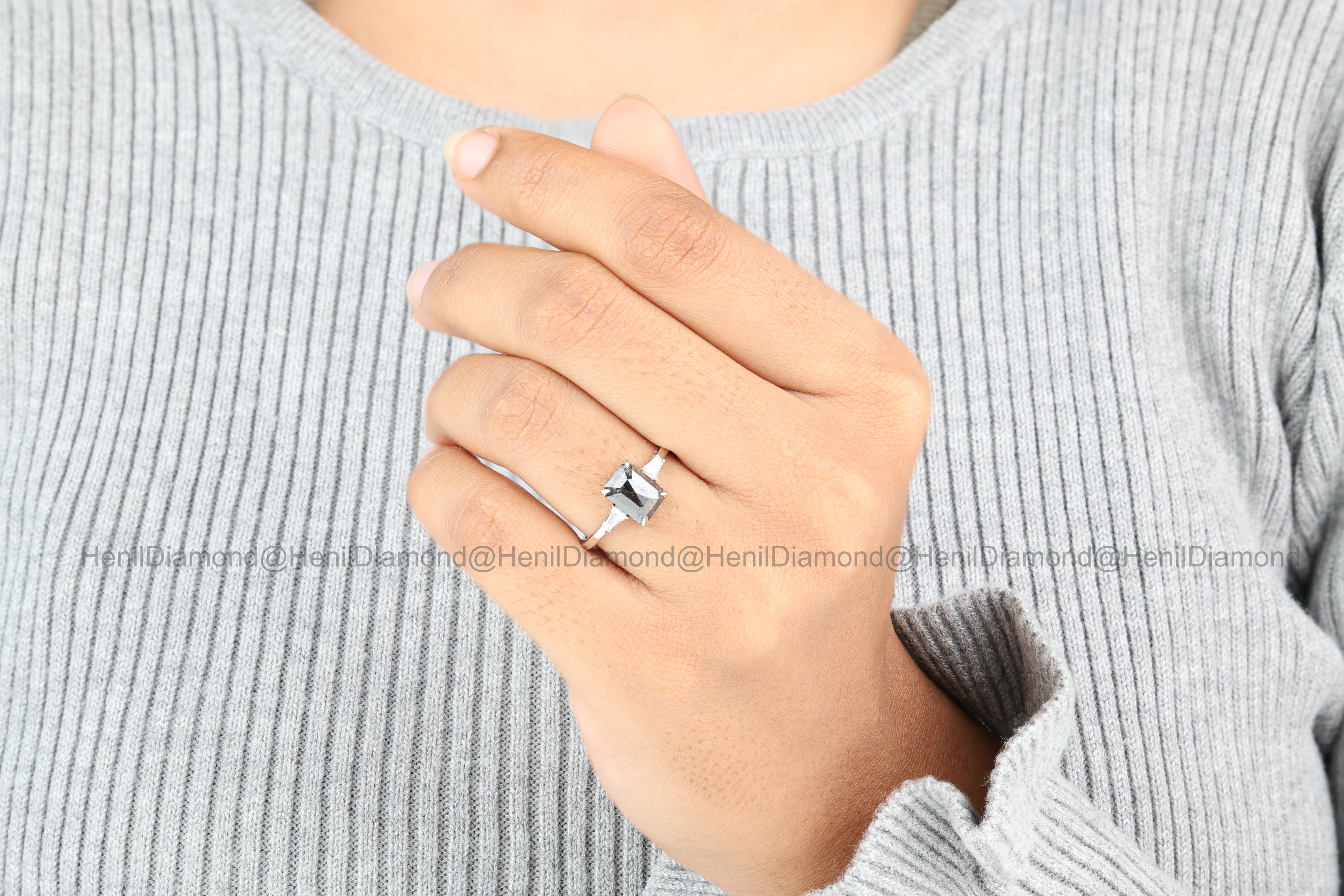 Salt and Pepper Diamond Ring, 14K Gold Engagement Ring, Emerald Baguette Diamond Ring, Christmas Gift for Her