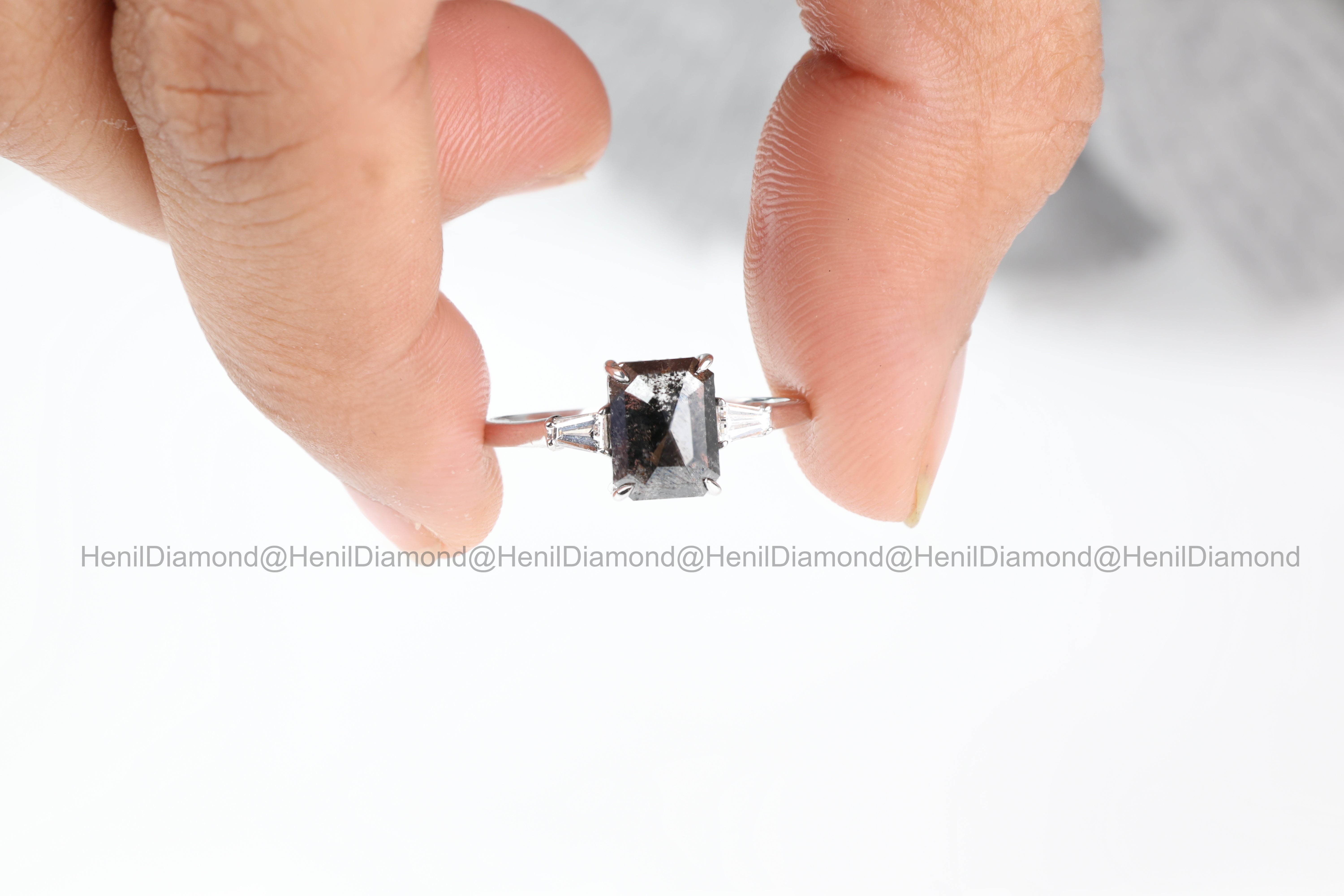 Salt and Pepper Diamond Ring, 14K Gold Engagement Ring, Emerald Baguette Diamond Ring, Christmas Gift for Her