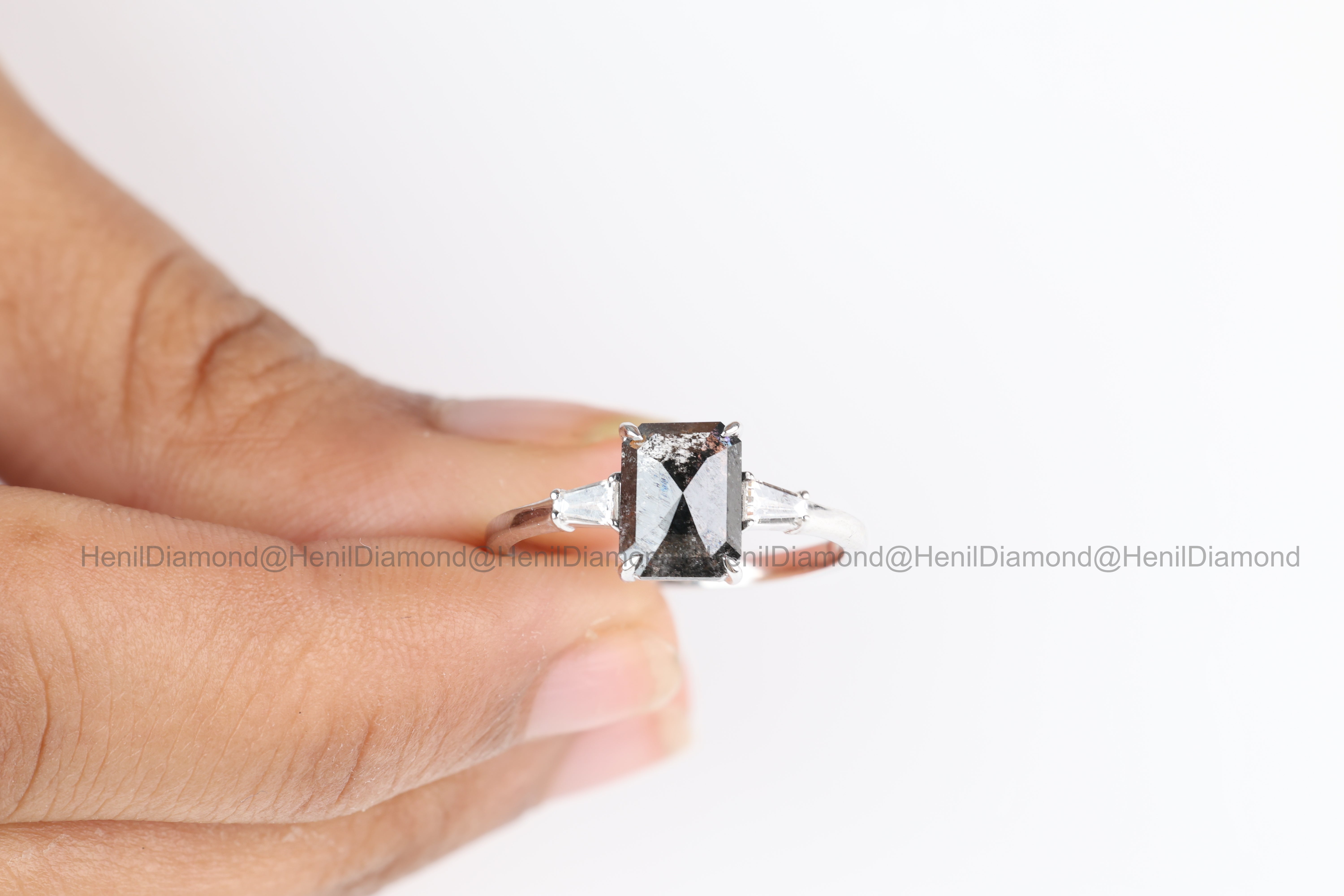 Salt and Pepper Diamond Ring, 14K Gold Engagement Ring, Emerald Baguette Diamond Ring, Christmas Gift for Her