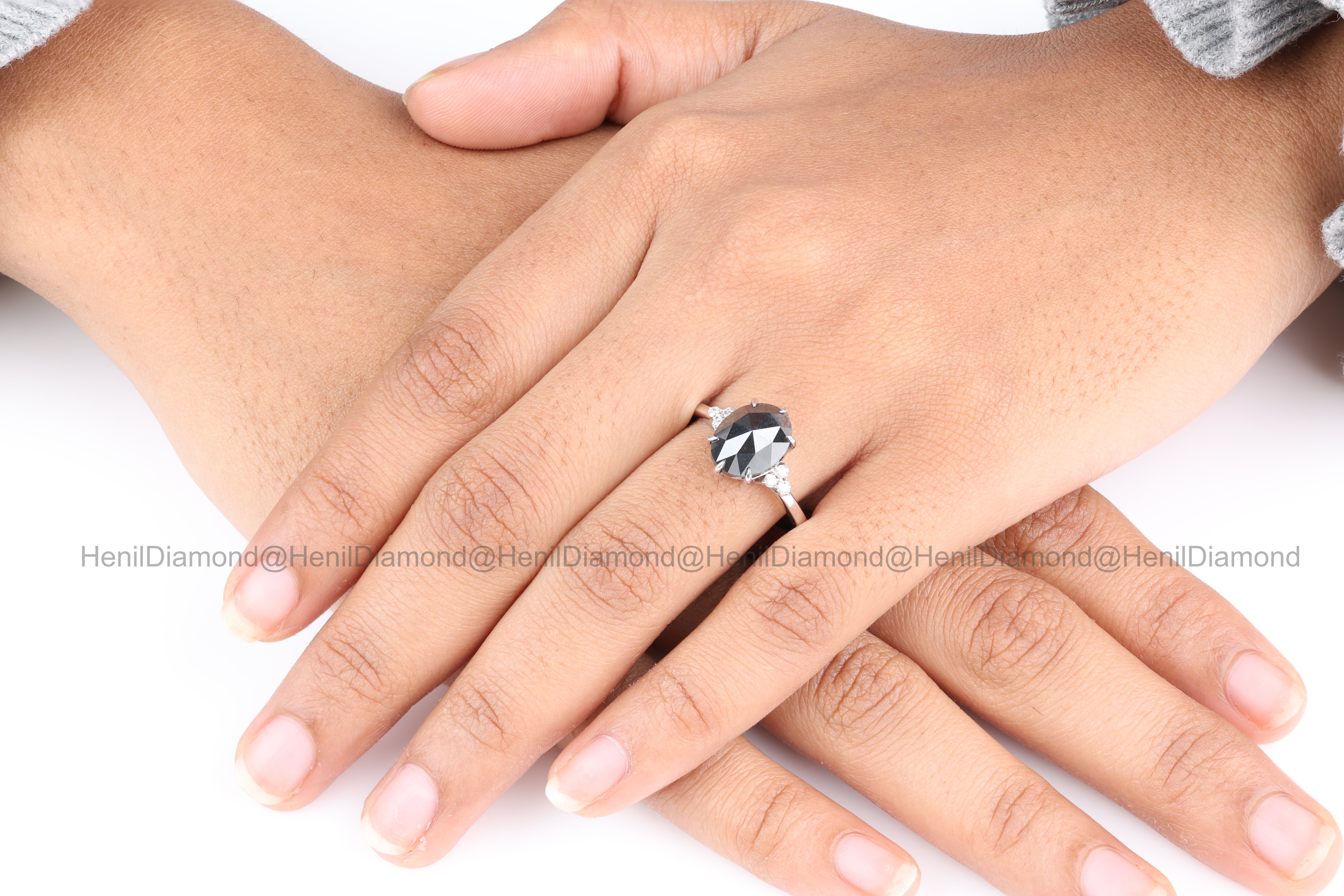 4.20 Ct Black Diamond Ring, 14K Gold Engagement Ring, Natural Pear Diamond Ring, Christmas Gift for Her