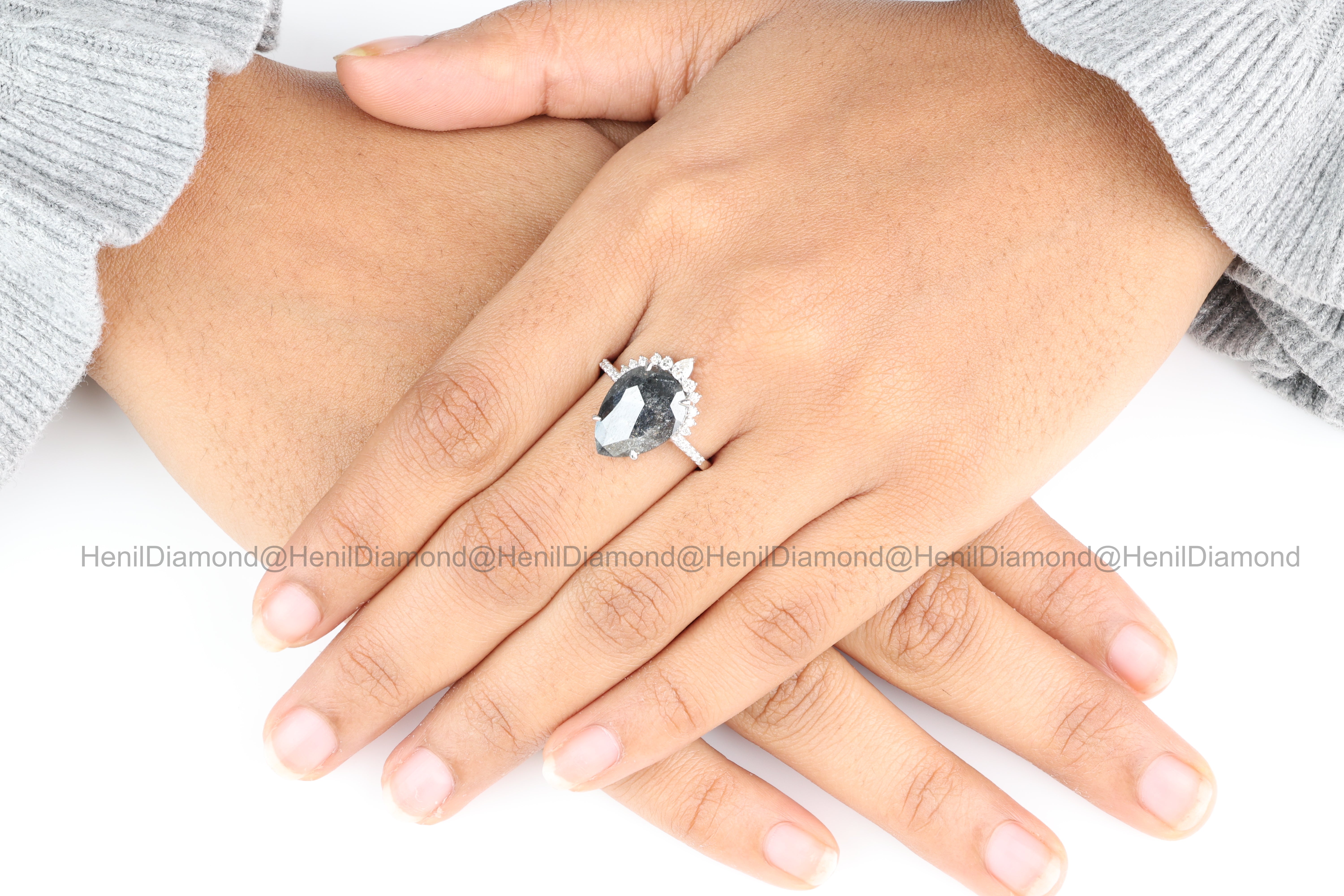4.03 Ct Salt and Pepper Diamond Ring 14K Gold Engagement Ring, Natural Pear Gray Diamond Ring, Christmas Gift for Her