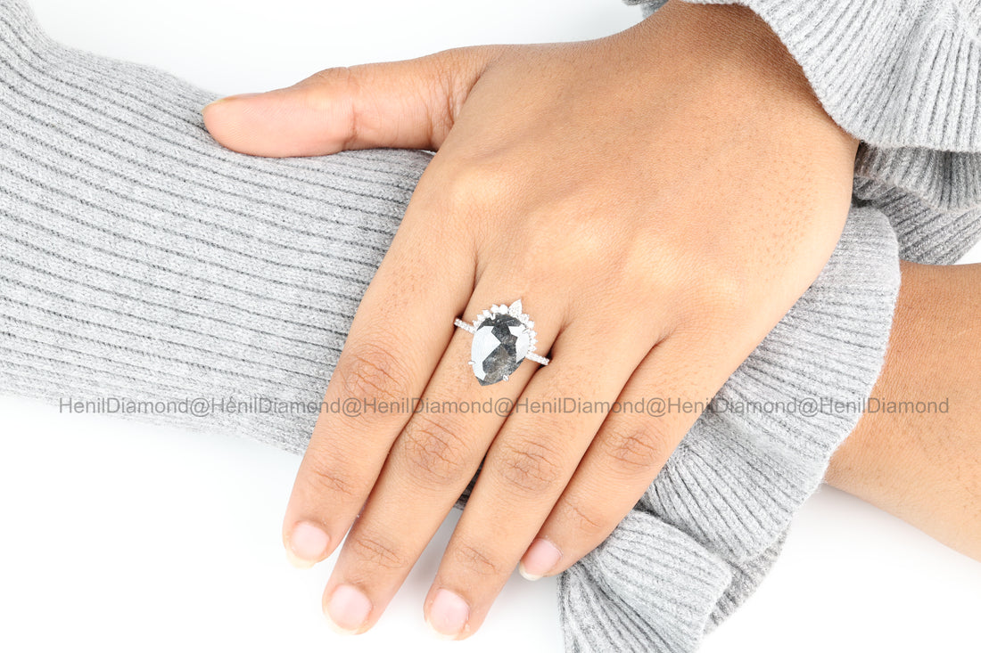 4.03 Ct Salt and Pepper Diamond Ring 14K Gold Engagement Ring, Natural Pear Gray Diamond Ring, Christmas Gift for Her