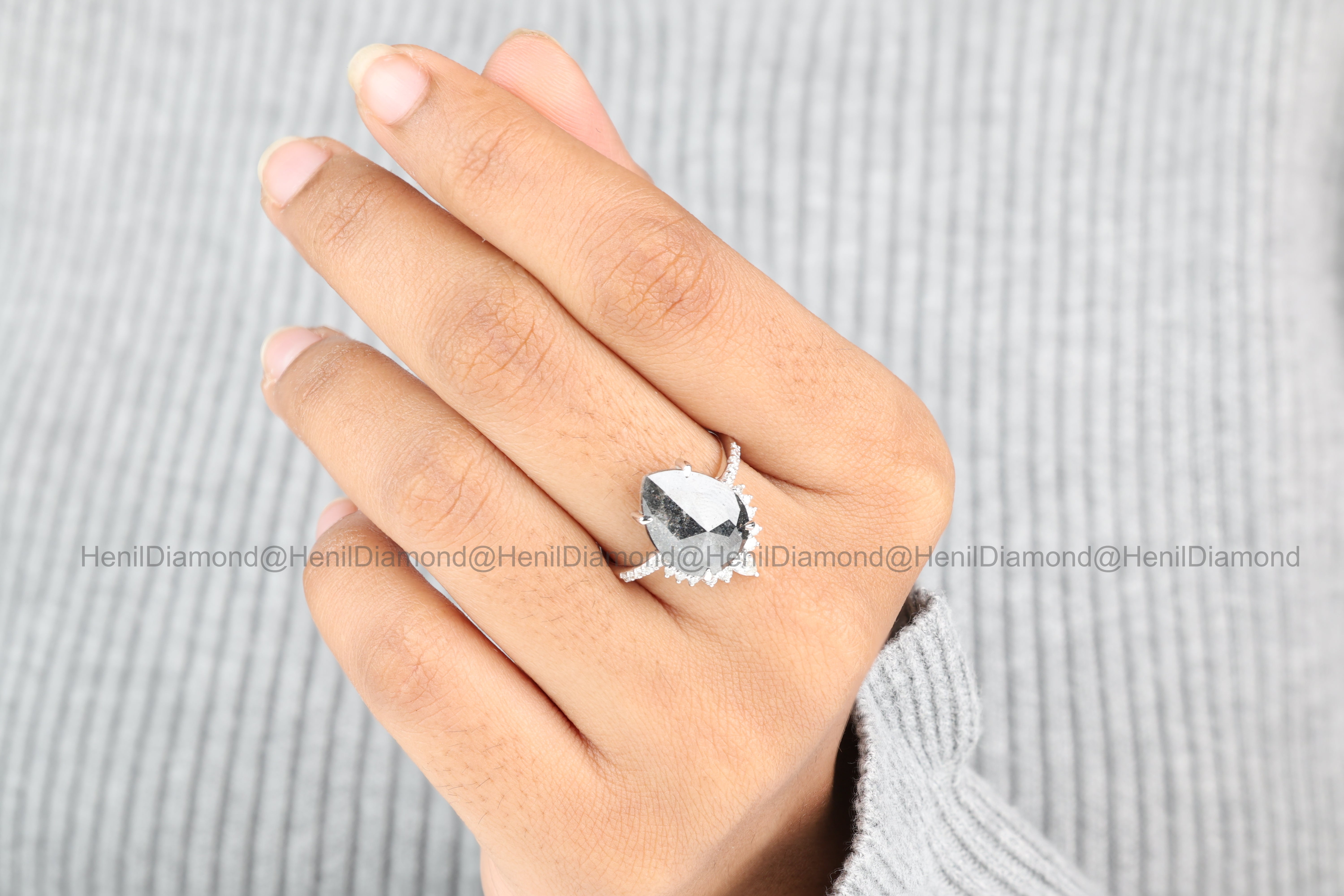4.03 Ct Salt and Pepper Diamond Ring 14K Gold Engagement Ring, Natural Pear Gray Diamond Ring, Christmas Gift for Her