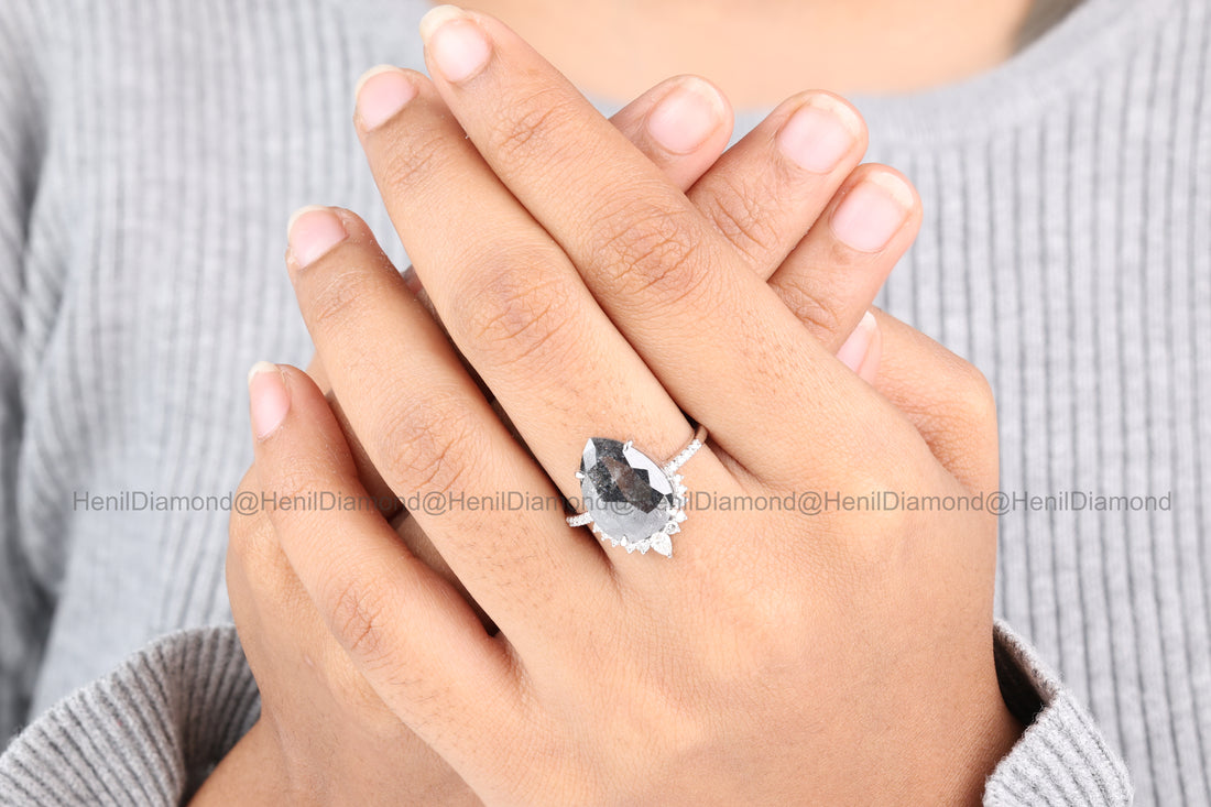 4.03 Ct Salt and Pepper Diamond Ring 14K Gold Engagement Ring, Natural Pear Gray Diamond Ring, Christmas Gift for Her