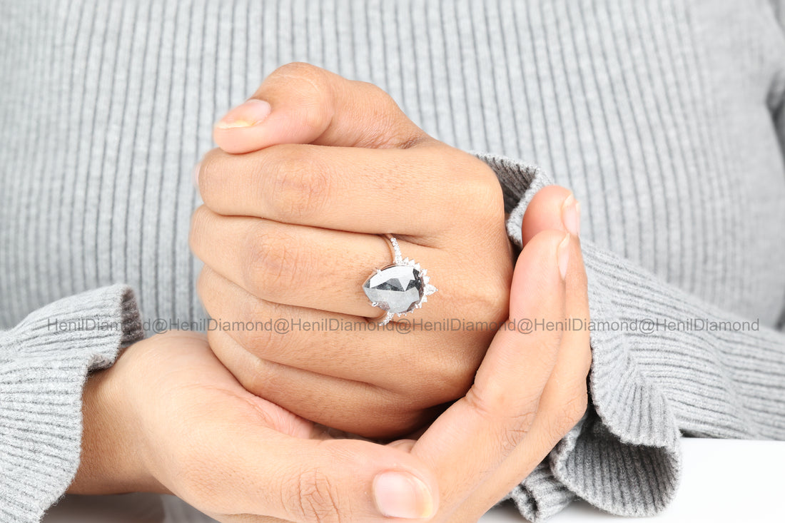 4.03 Ct Salt and Pepper Diamond Ring 14K Gold Engagement Ring, Natural Pear Gray Diamond Ring, Christmas Gift for Her