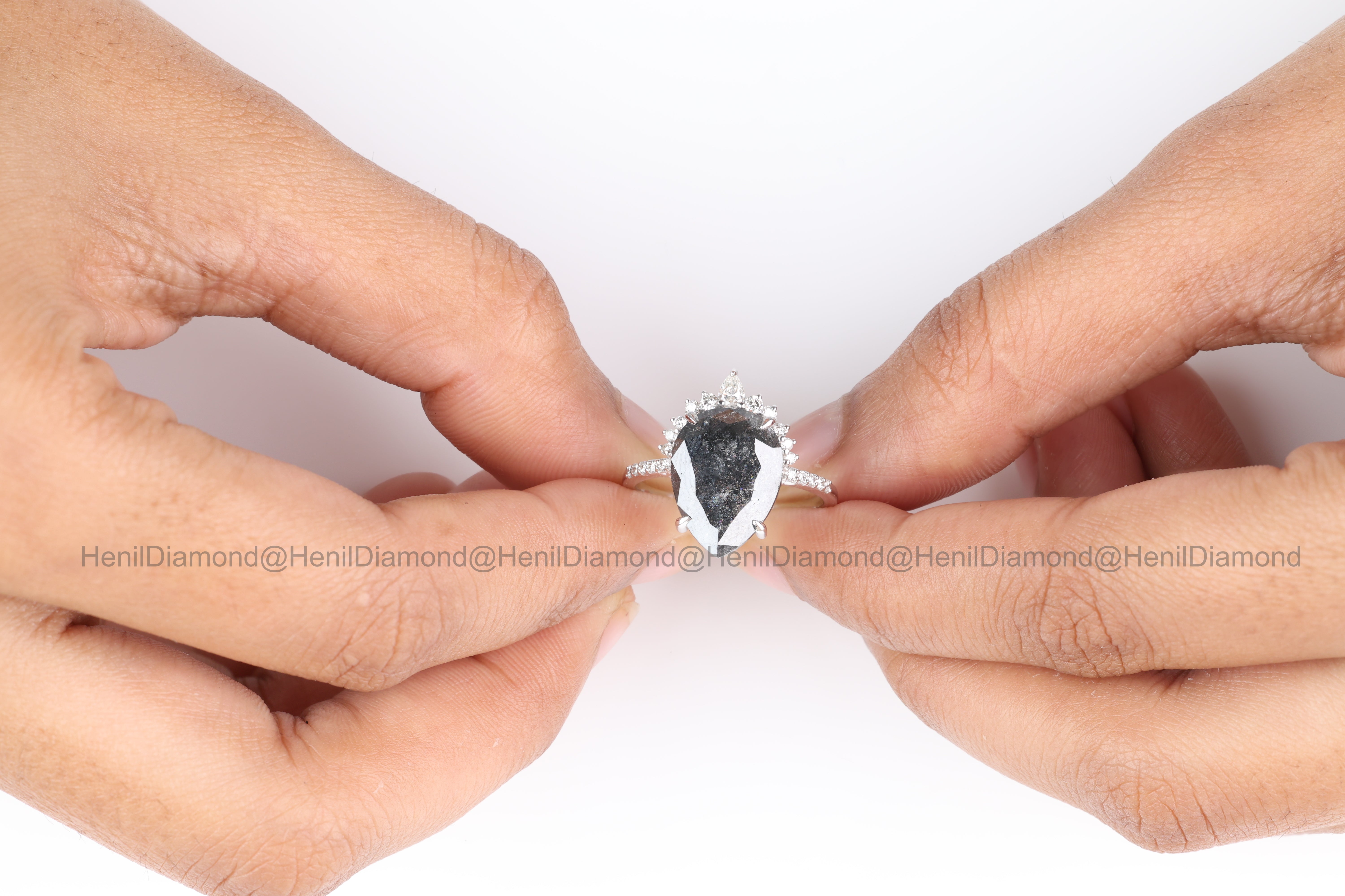 4.03 Ct Salt and Pepper Diamond Ring 14K Gold Engagement Ring, Natural Pear Gray Diamond Ring, Christmas Gift for Her