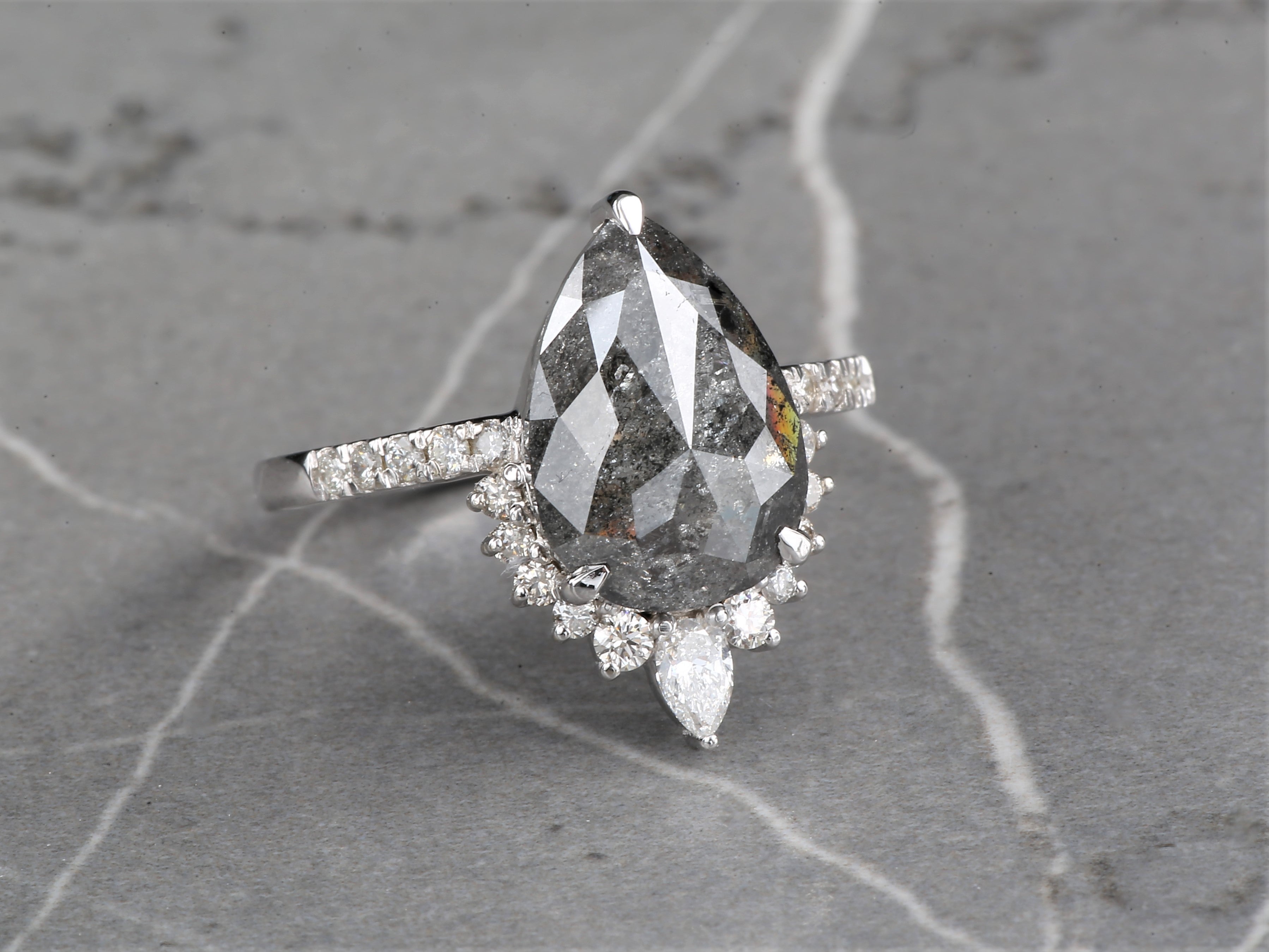 4.03 Ct Salt and Pepper Diamond Ring 14K Gold Engagement Ring, Natural Pear Gray Diamond Ring, Christmas Gift for Her