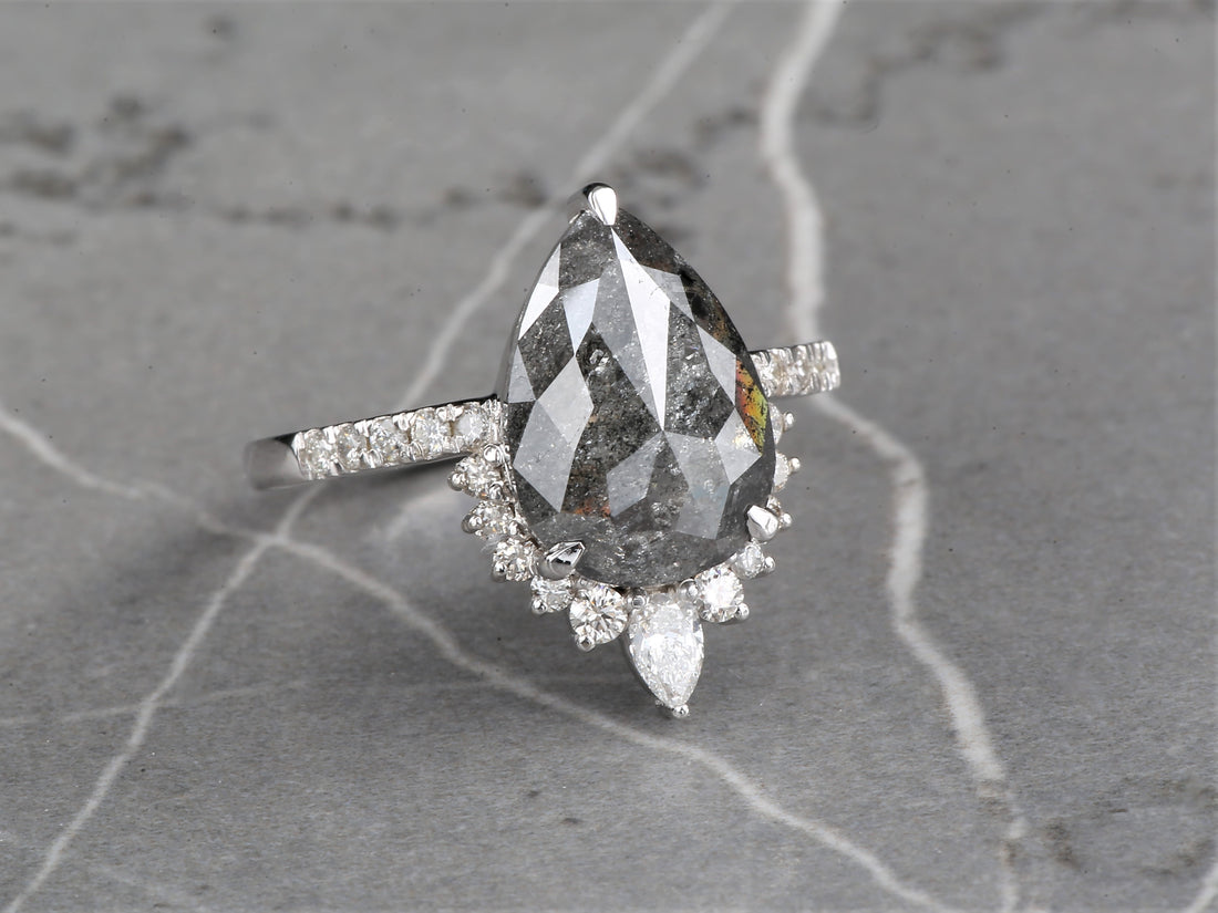 4.03 Ct Salt and Pepper Diamond Ring 14K Gold Engagement Ring, Natural Pear Gray Diamond Ring, Christmas Gift for Her