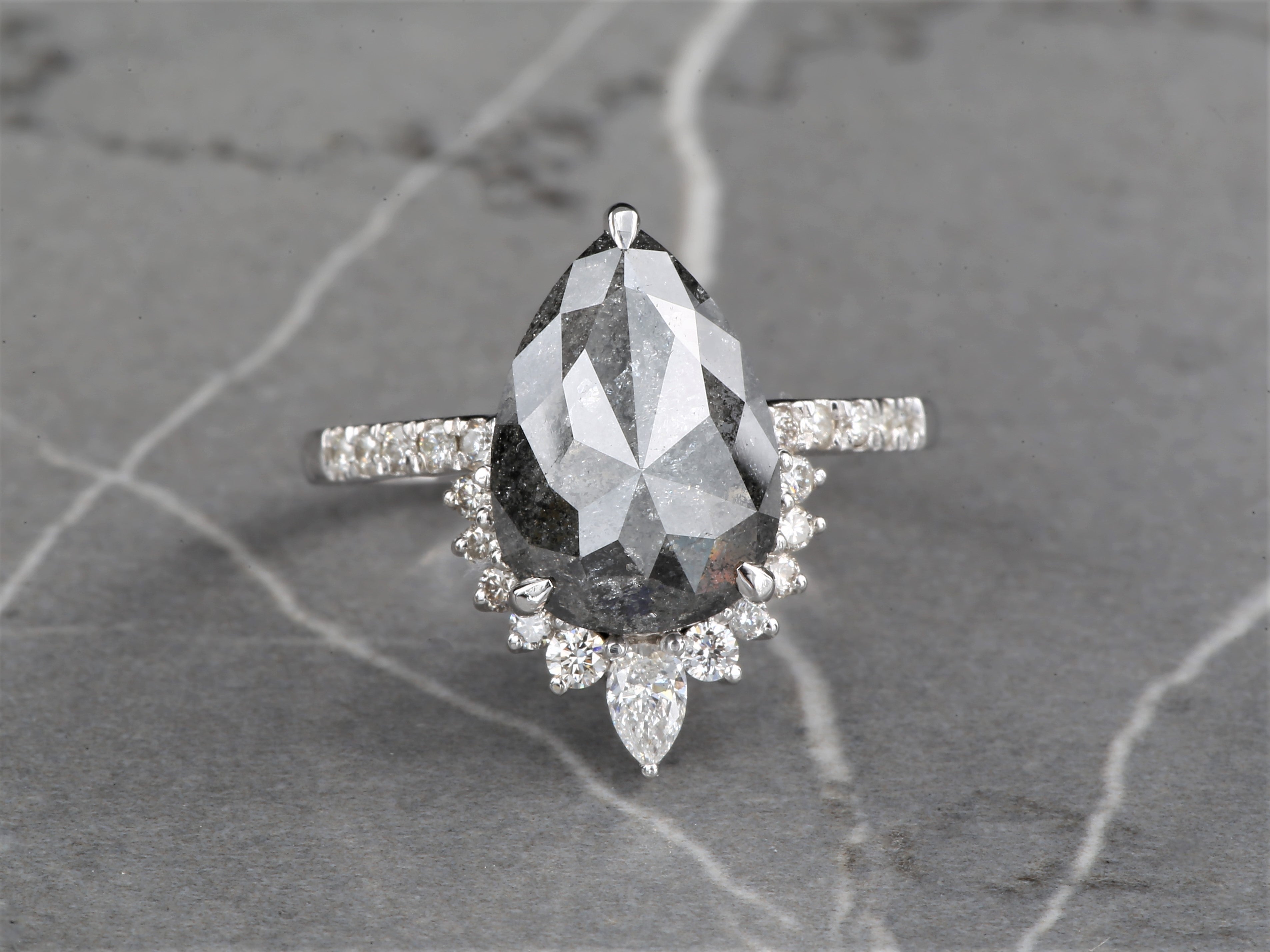 4.03 Ct Salt and Pepper Diamond Ring 14K Gold Engagement Ring, Natural Pear Gray Diamond Ring, Christmas Gift for Her