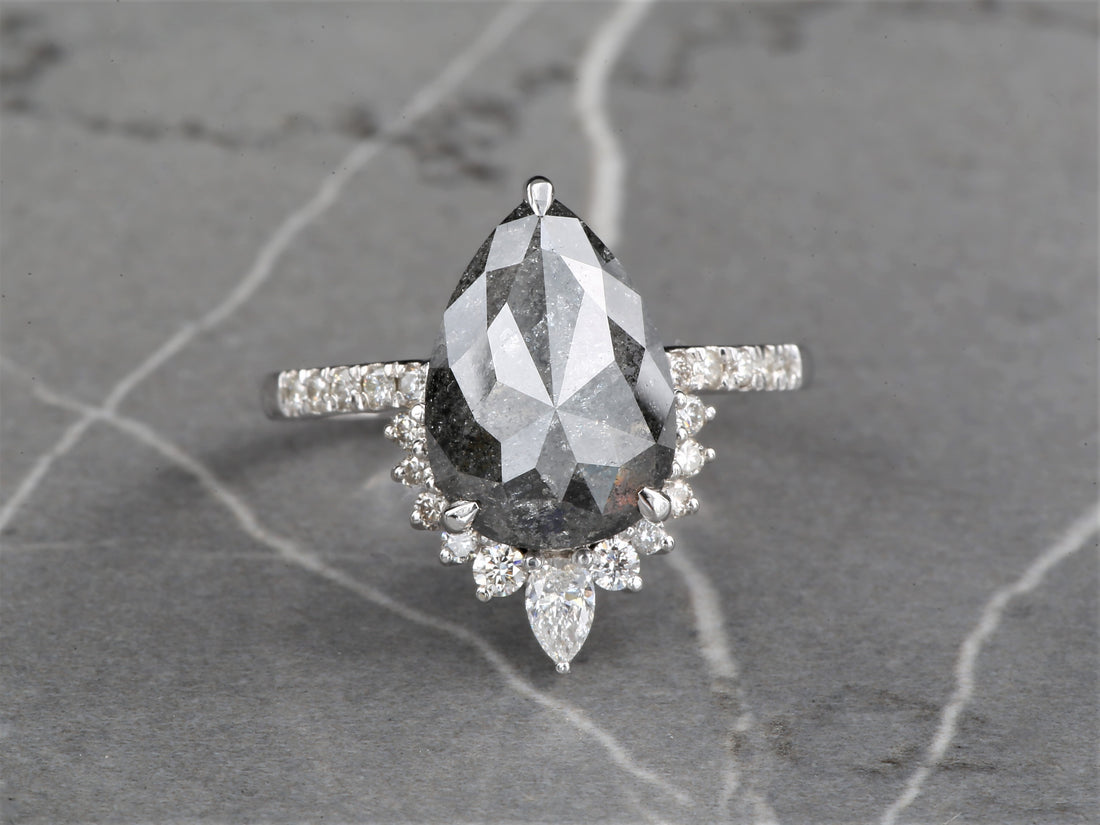 4.03 Ct Salt and Pepper Diamond Ring 14K Gold Engagement Ring, Natural Pear Gray Diamond Ring, Christmas Gift for Her