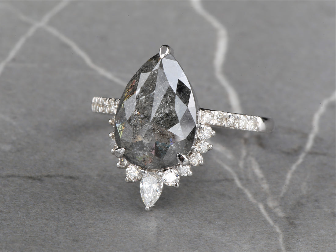 4.03 Ct Salt and Pepper Diamond Ring 14K Gold Engagement Ring, Natural Pear Gray Diamond Ring, Christmas Gift for Her