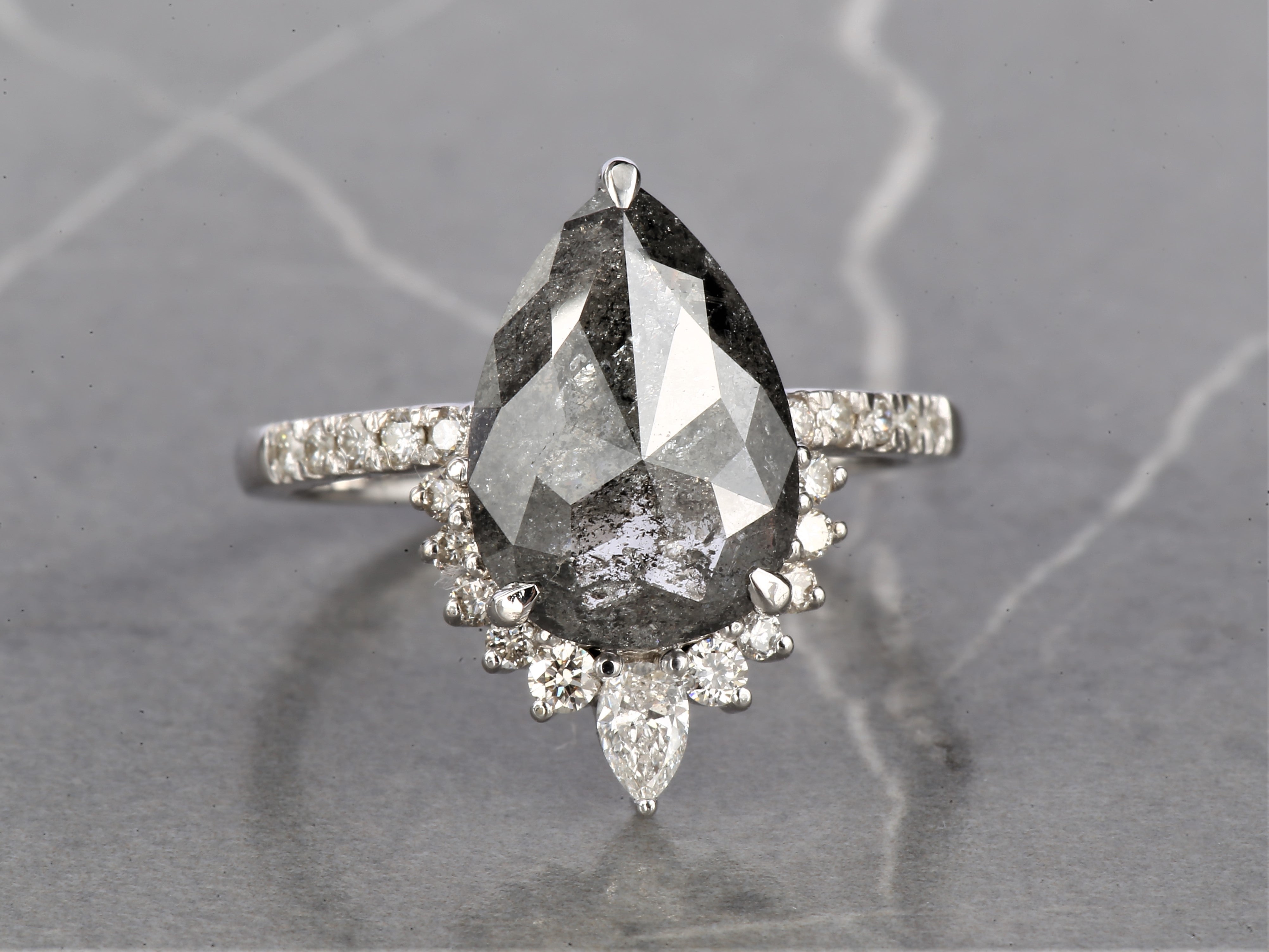 4.03 Ct Salt and Pepper Diamond Ring 14K Gold Engagement Ring, Natural Pear Gray Diamond Ring, Christmas Gift for Her