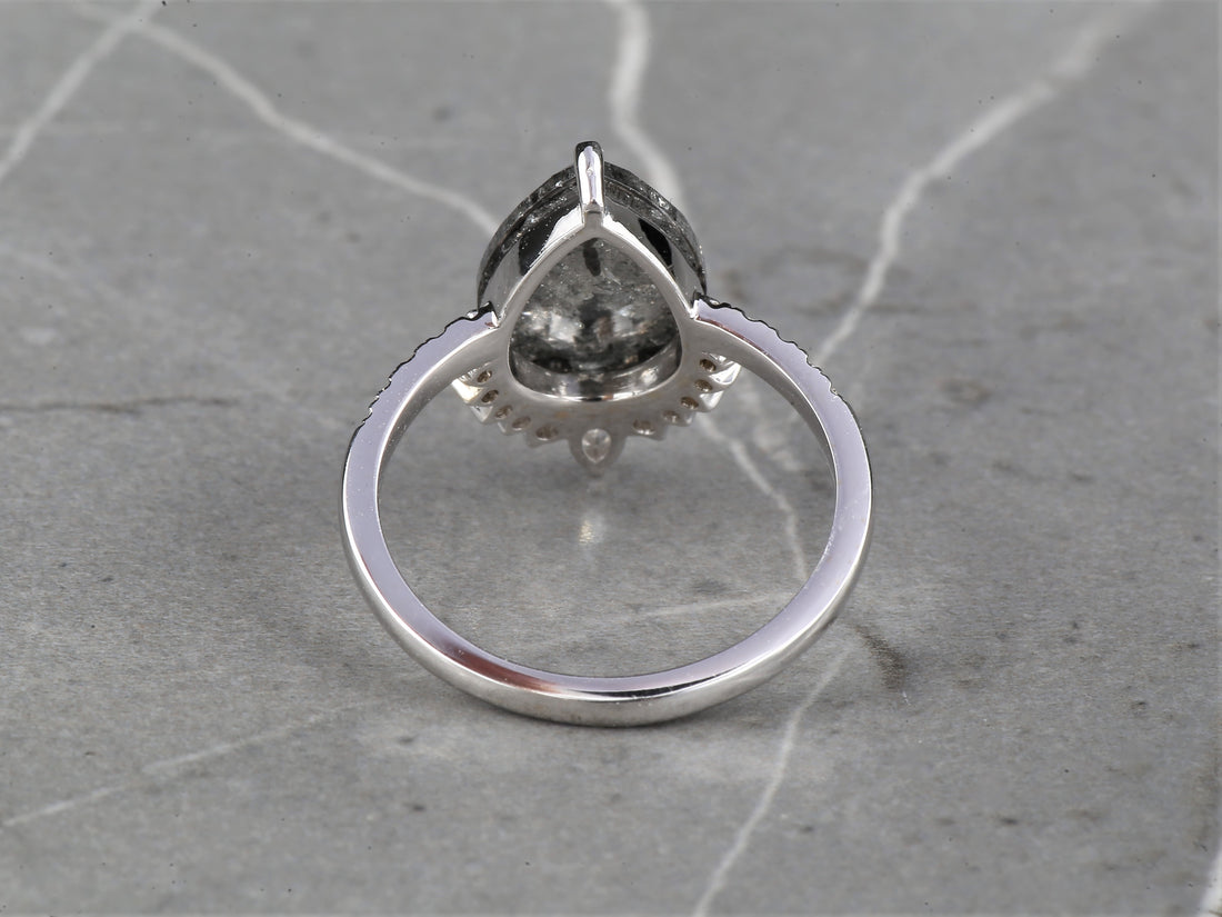 4.03 Ct Salt and Pepper Diamond Ring 14K Gold Engagement Ring, Natural Pear Gray Diamond Ring, Christmas Gift for Her