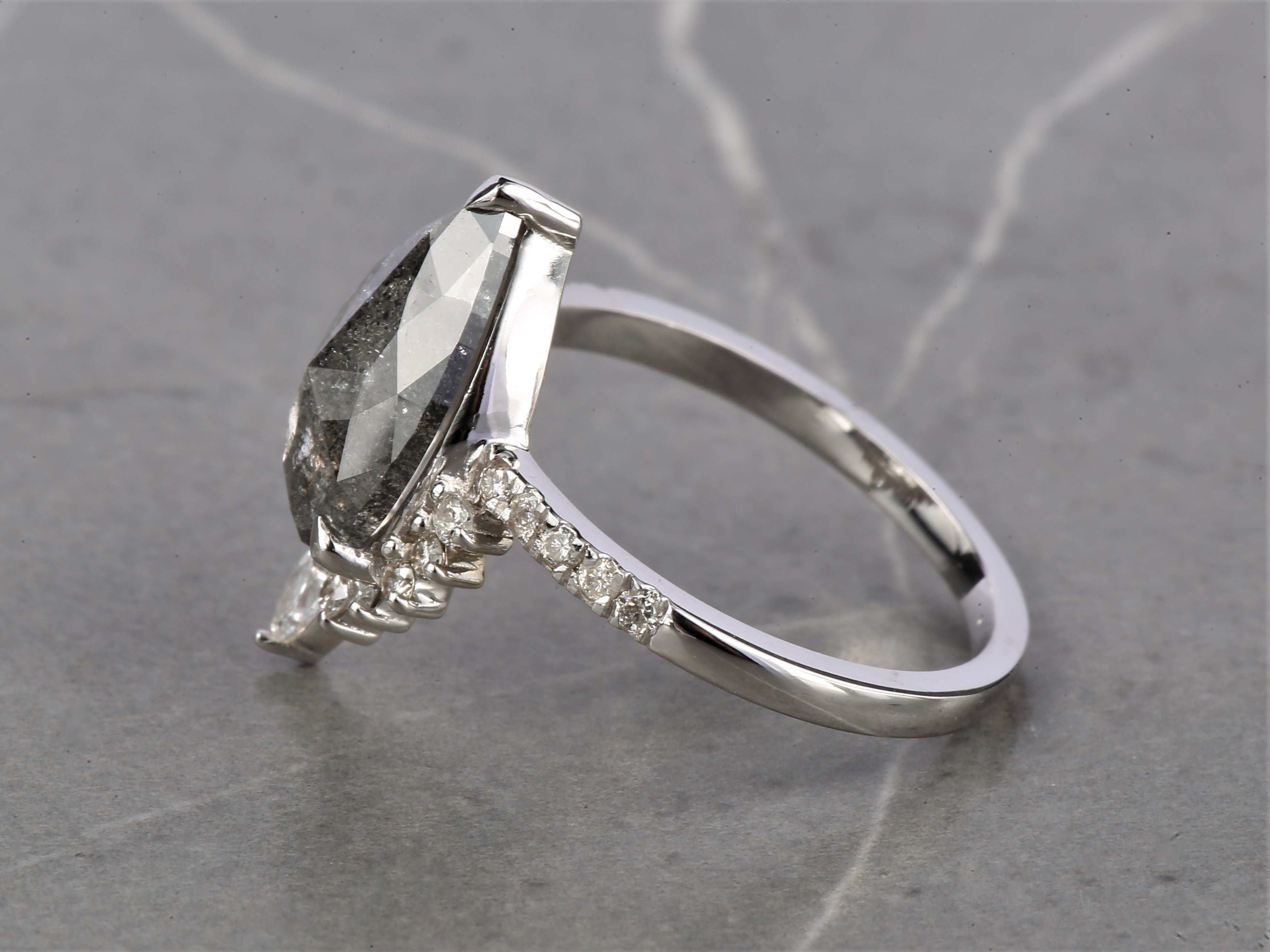 4.03 Ct Salt and Pepper Diamond Ring 14K Gold Engagement Ring, Natural Pear Gray Diamond Ring, Christmas Gift for Her