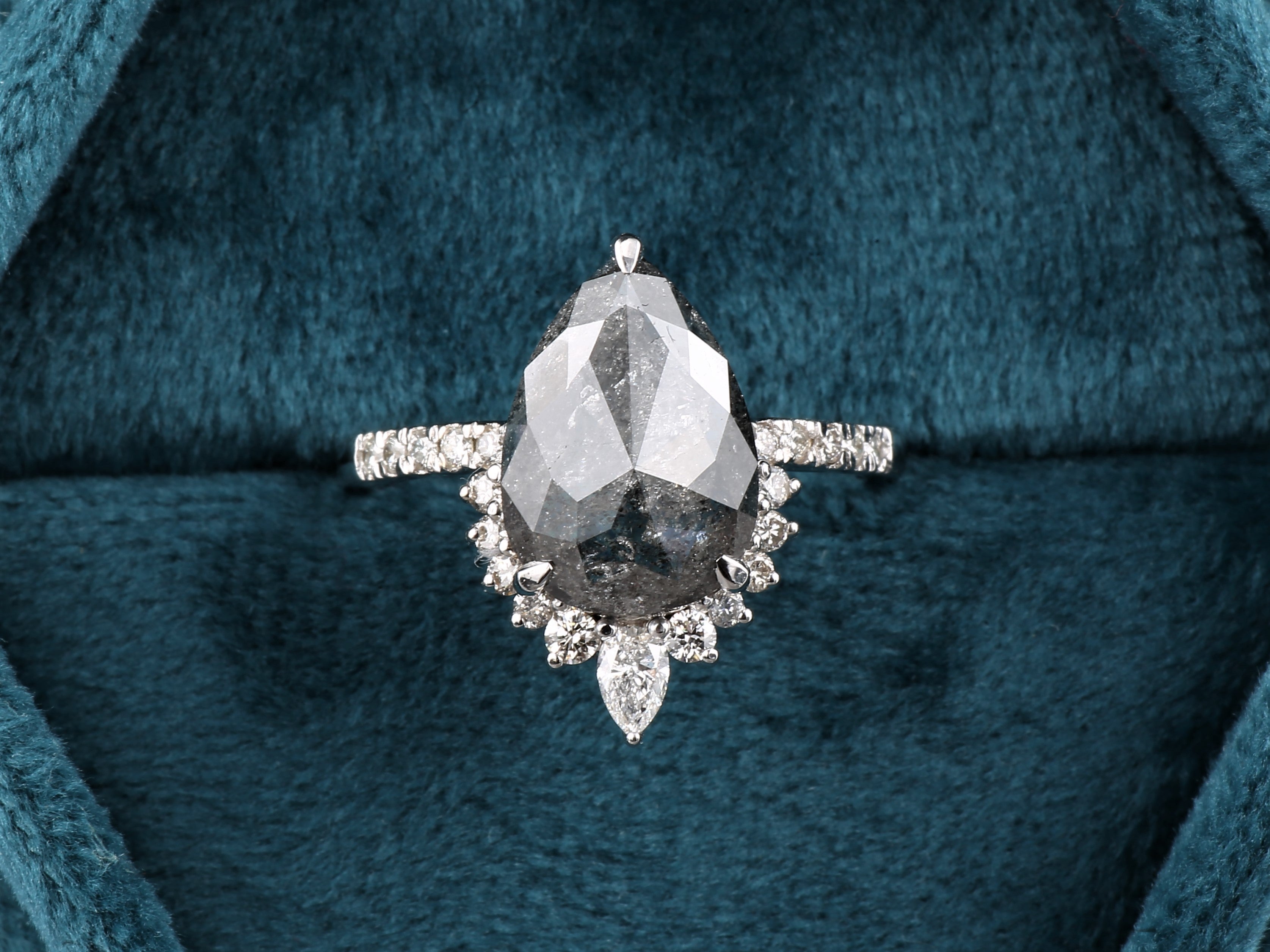 4.03 Ct Salt and Pepper Diamond Ring 14K Gold Engagement Ring, Natural Pear Gray Diamond Ring, Christmas Gift for Her