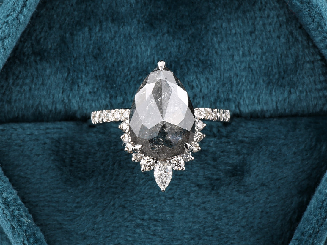 4.03 Ct Salt and Pepper Diamond Ring 14K Gold Engagement Ring, Natural Pear Gray Diamond Ring, Christmas Gift for Her