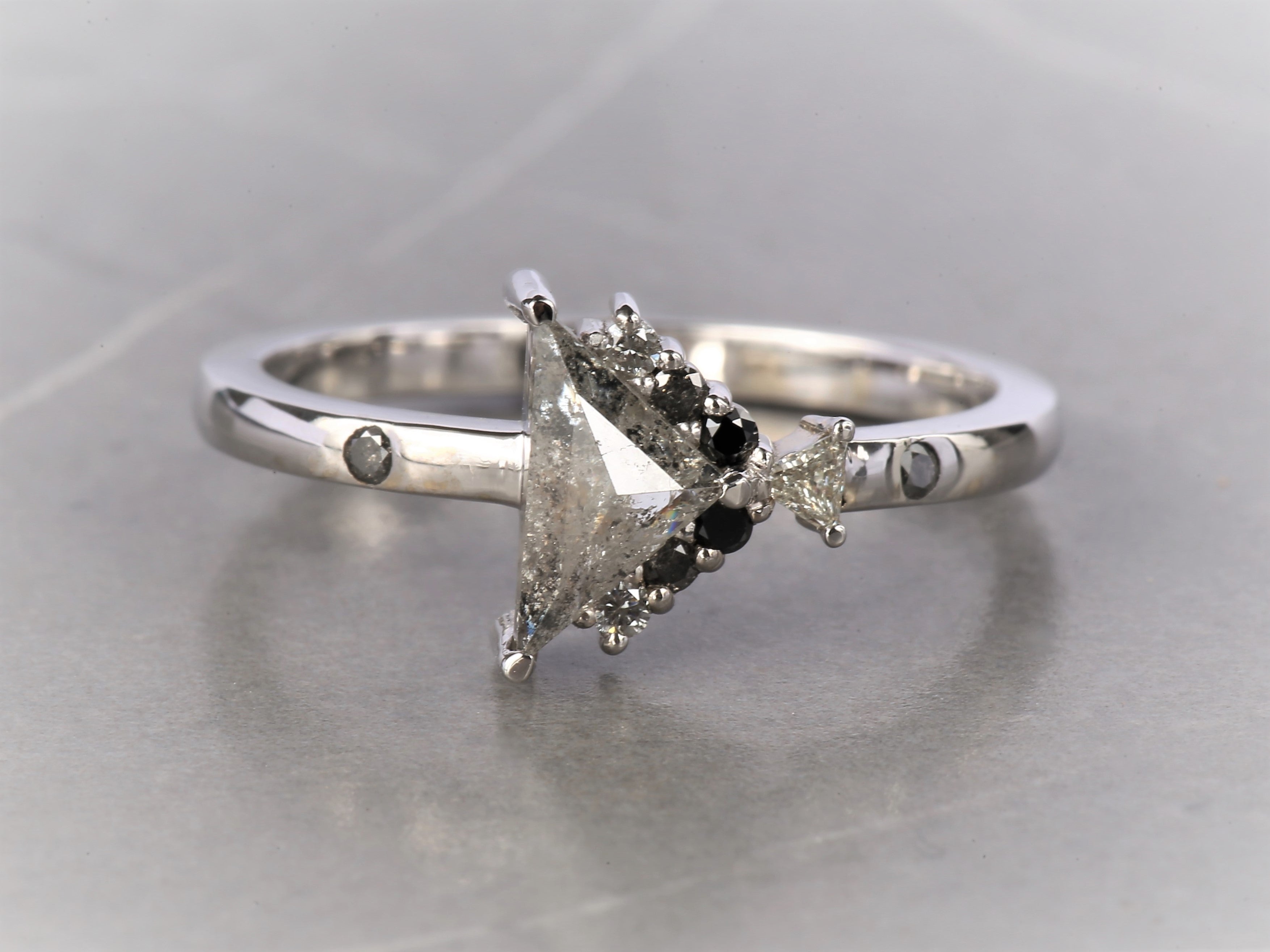 1.01 Ct Salt and Pepper Triangle Diamond Ring 14K Gold Anniversary Ring, Natural Gray Diamond Ring, Gift for Her