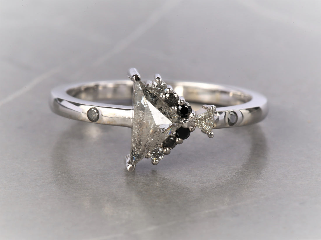 1.01 Ct Salt and Pepper Triangle Diamond Ring 14K Gold Anniversary Ring, Natural Gray Diamond Ring, Gift for Her