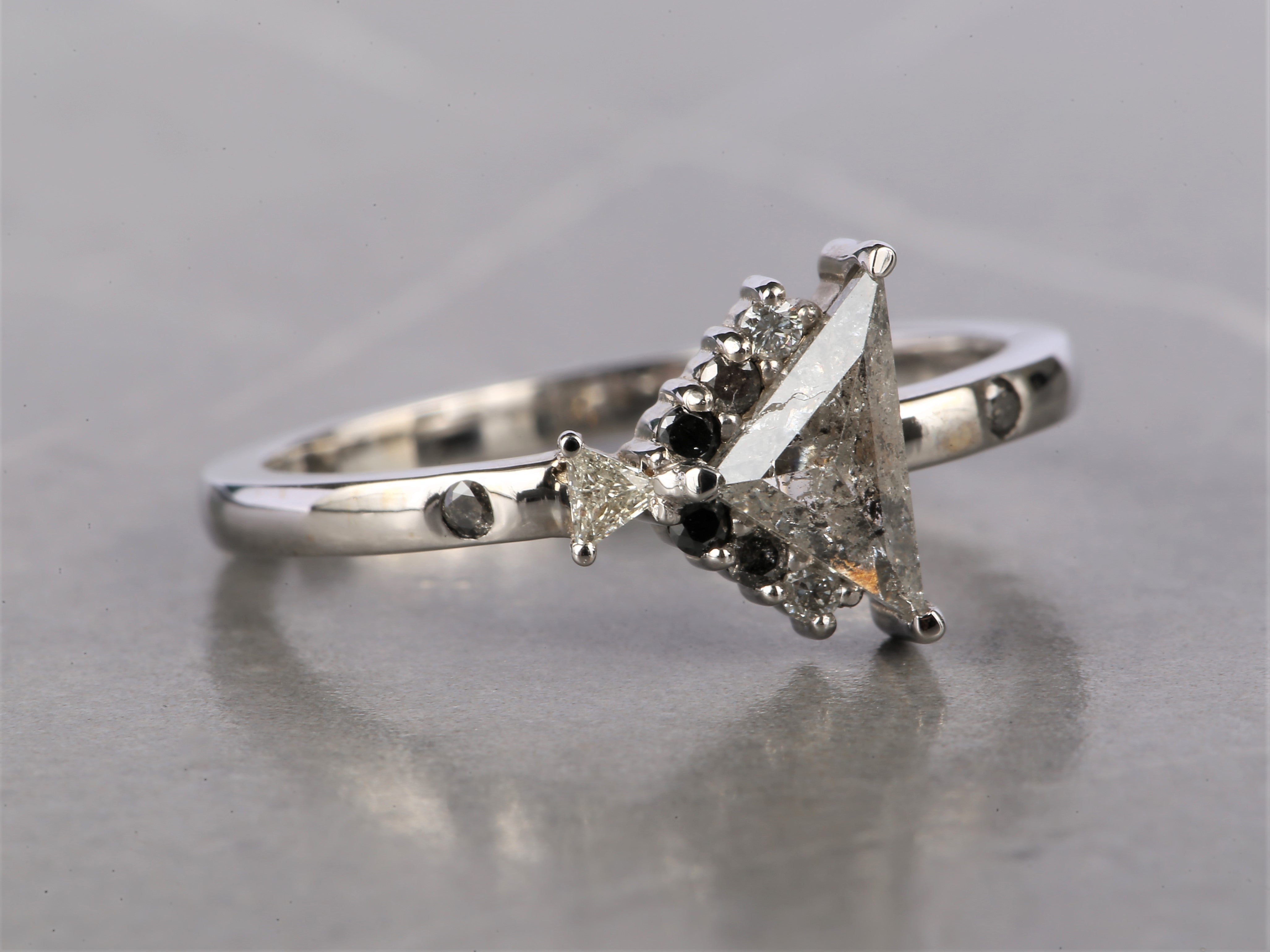 1.01 Ct Salt and Pepper Triangle Diamond Ring 14K Gold Anniversary Ring, Natural Gray Diamond Ring, Gift for Her