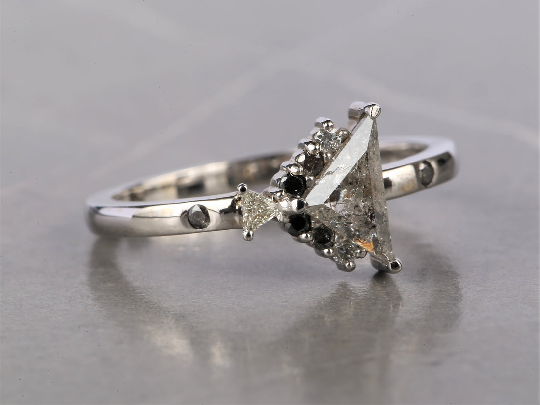 1.01 Ct Salt and Pepper Triangle Diamond Ring 14K Gold Anniversary Ring, Natural Gray Diamond Ring, Gift for Her