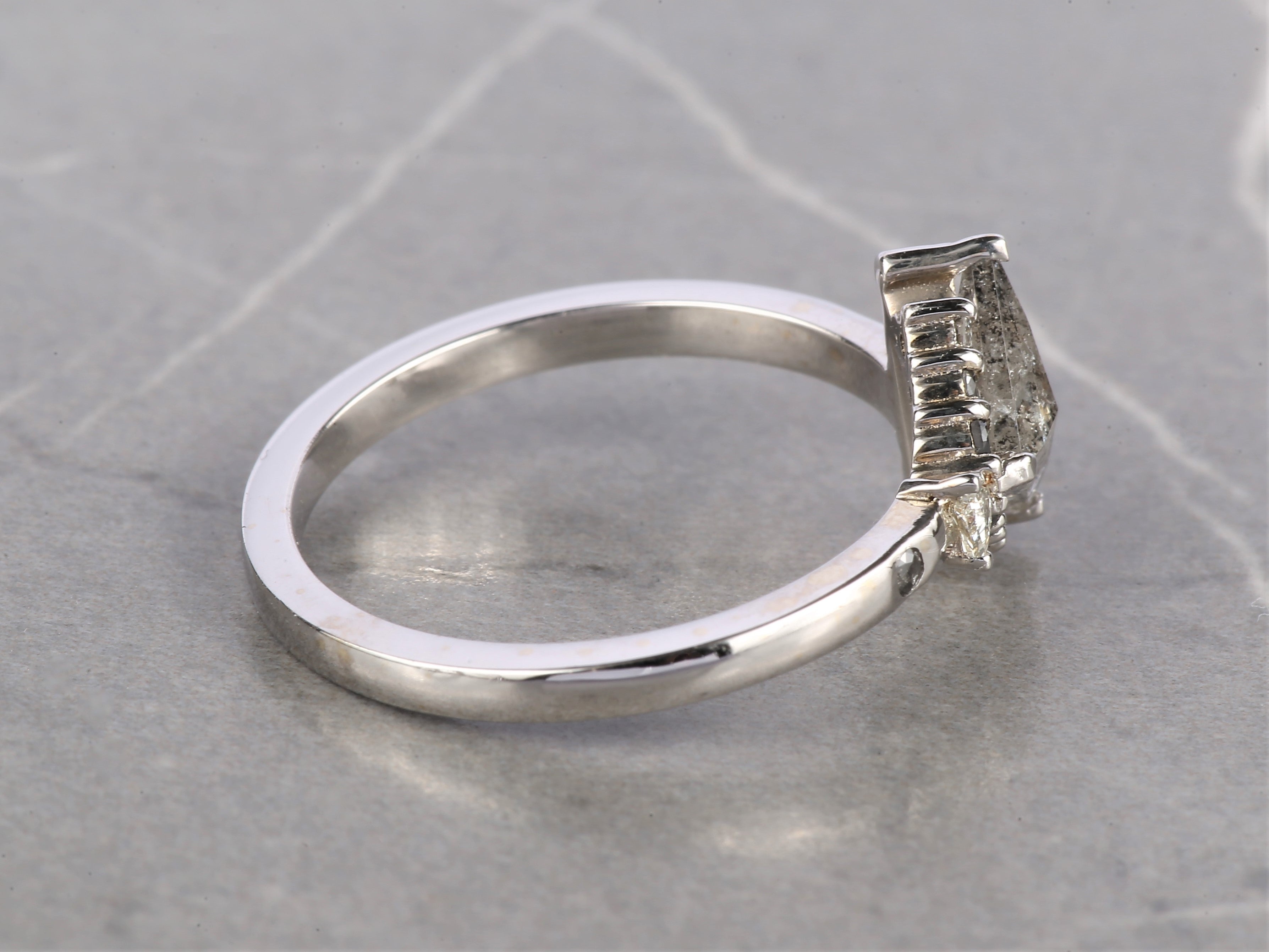 1.01 Ct Salt and Pepper Triangle Diamond Ring 14K Gold Anniversary Ring, Natural Gray Diamond Ring, Gift for Her