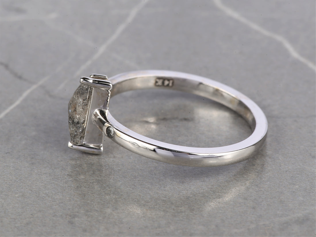 1.01 Ct Salt and Pepper Triangle Diamond Ring 14K Gold Anniversary Ring, Natural Gray Diamond Ring, Gift for Her