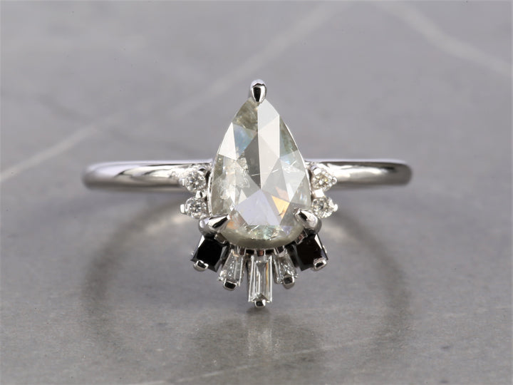 Salt and Pepper Diamond Ring, 14K Gold Anniversary Ring, Natural Gray Pear Diamond Ring, Gift for Her