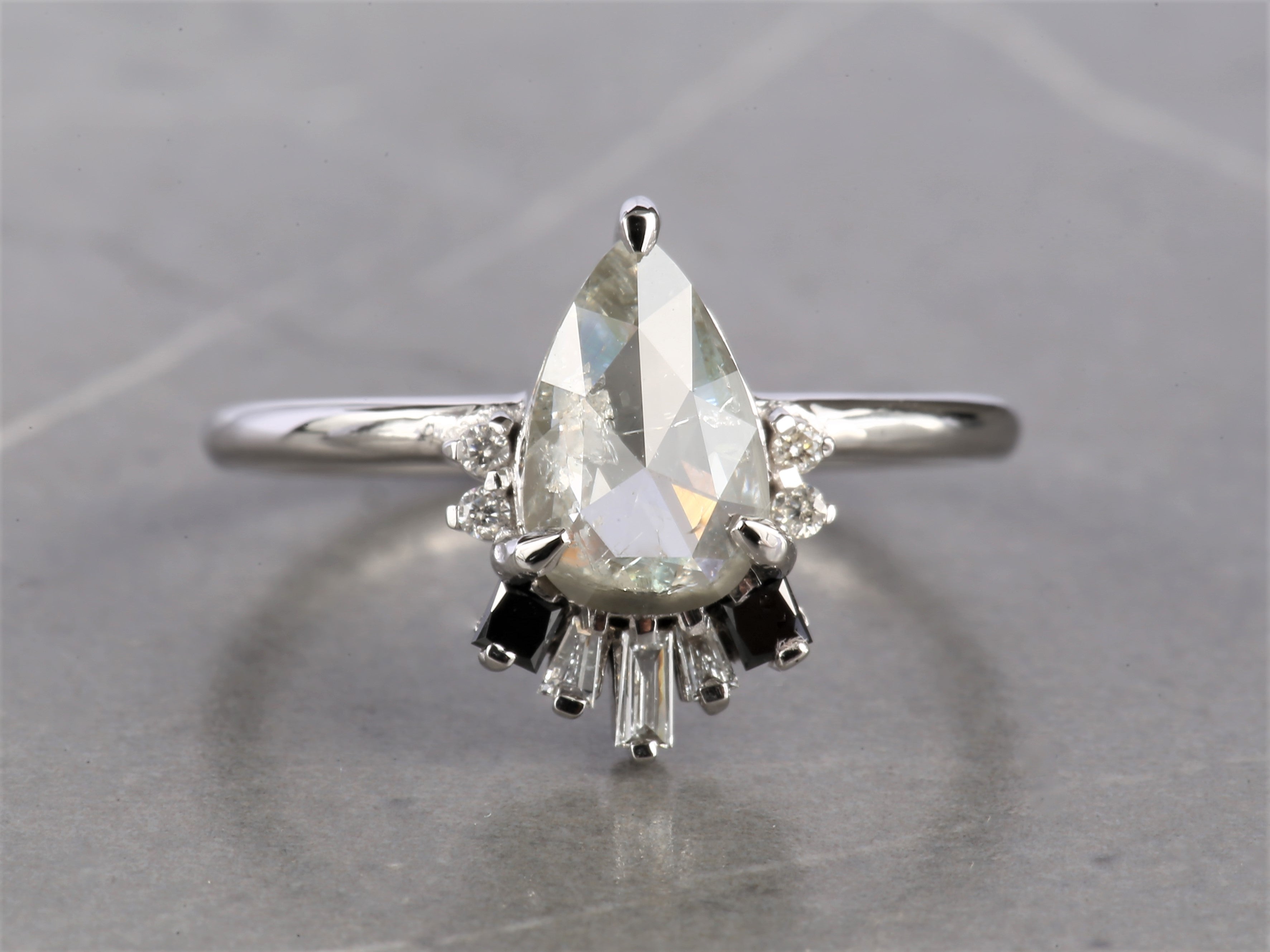 Salt and Pepper Diamond Ring, 14K Gold Anniversary Ring, Natural Gray Pear Diamond Ring, Gift for Her
