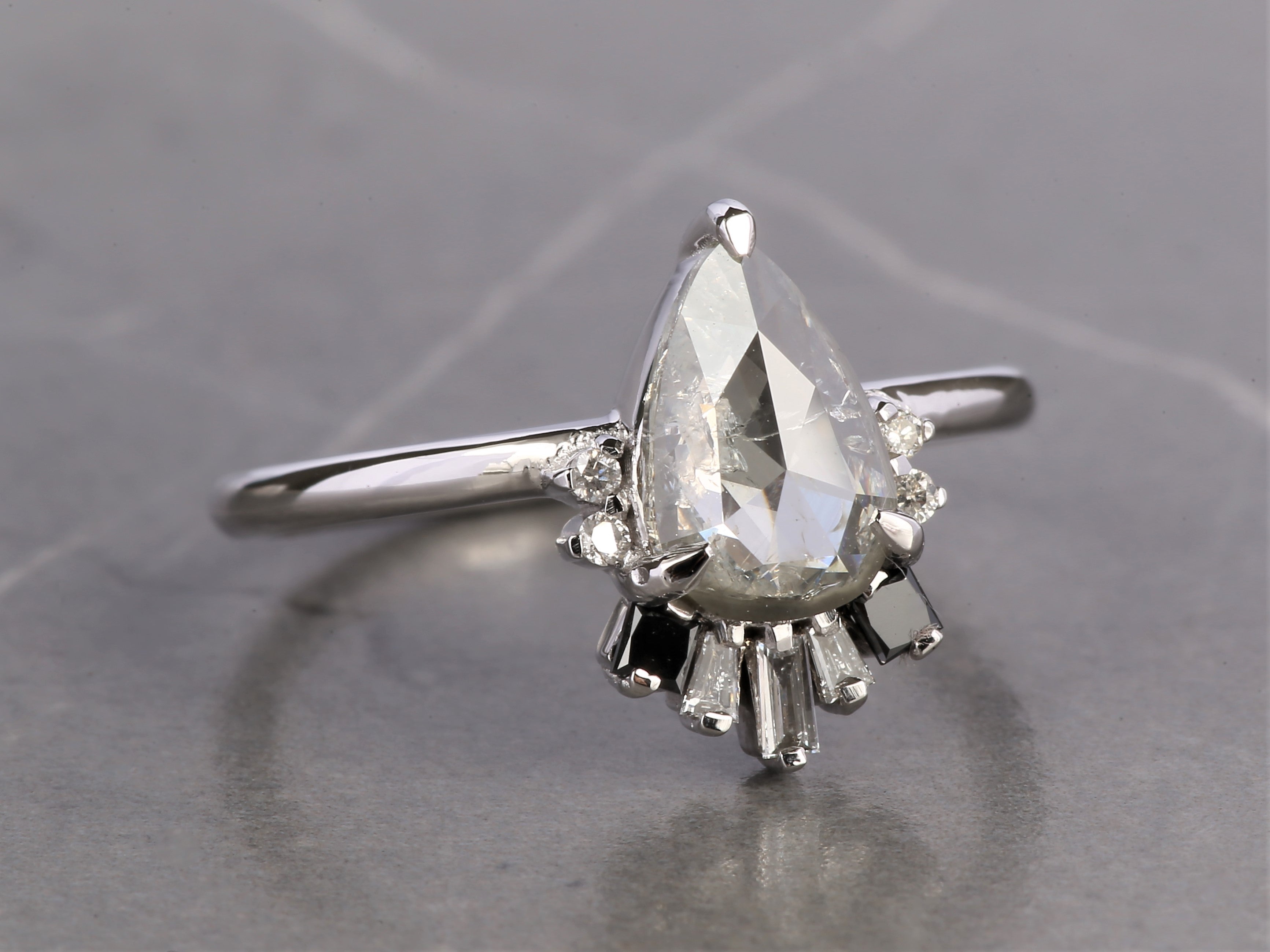 Salt and Pepper Diamond Ring, 14K Gold Anniversary Ring, Natural Gray Pear Diamond Ring, Gift for Her